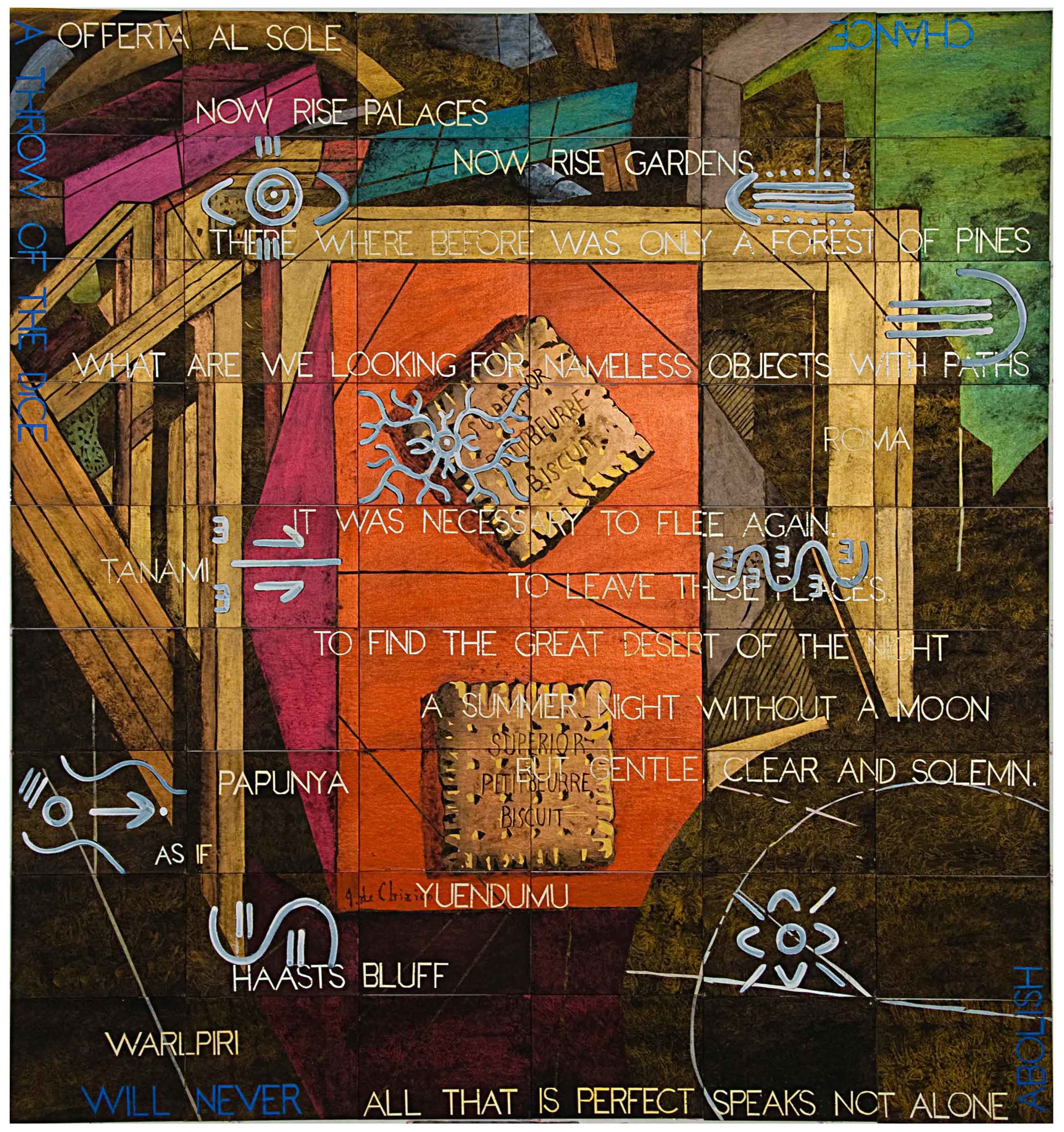 Imants Tillers, Breakfast Epiphany (with 9 panels by Michael Nelson Jagamara), 2014, synthetic polymer paint, gouache on 54 canvas boards, 228.6 x 213.4 cm