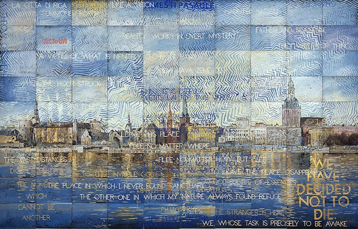 Imants Tillers. The Journey To Nowhere , 2017. Acrylic, gouache on 90 canvas boards, 228.5 × 355cm. 