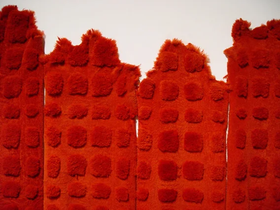 Image: Maria Fernanda Cardoso, Sheep (Red) (detail), 2002, dyed sheep skins, dimensions variable.