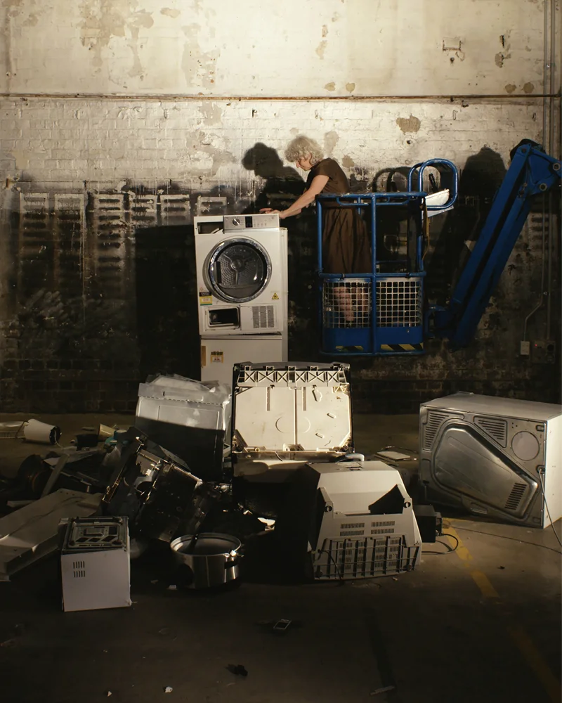 Eugenia Raskopoulos, (dis)order, 2019, 10.33 single-channel digital video installation, discarded household goods, dimensions variable. Installation view at The National exhibition, Carriageworks, 2019.