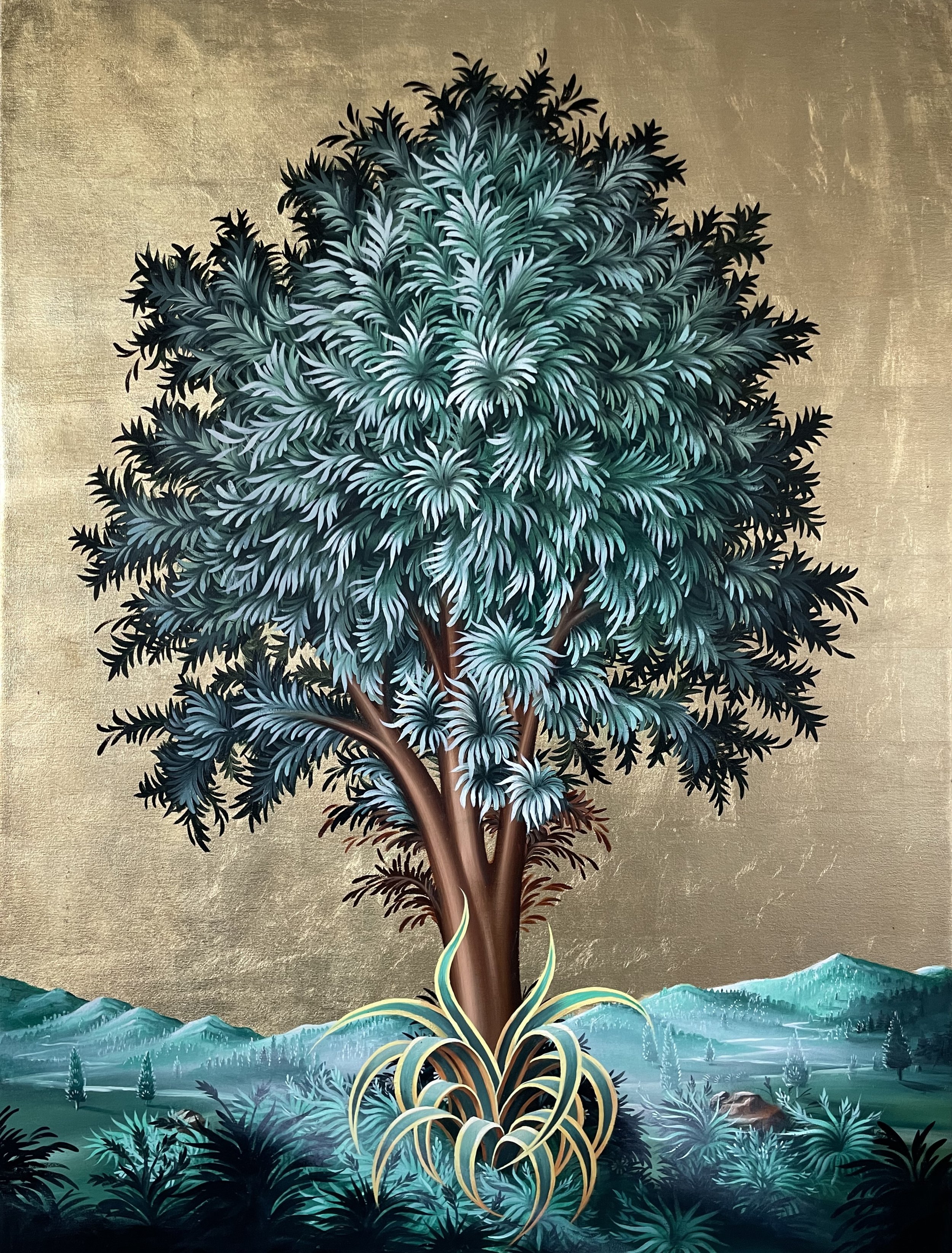  PETER DAVERINGTON   Acacia Tree II  2021 Oil and gold leaf on canvas 122 x 91 cm  