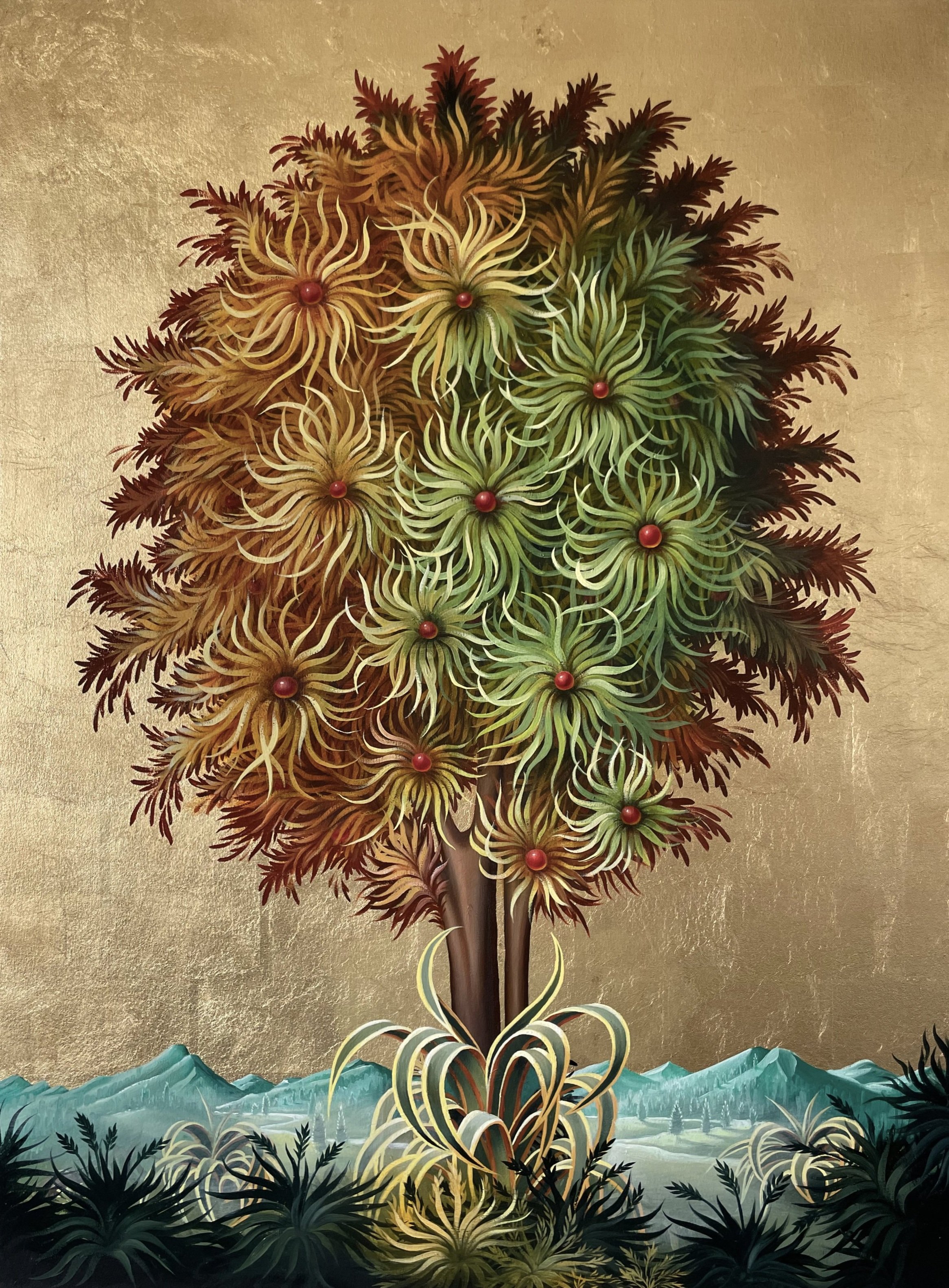  PETER DAVERINGTON   Acacia Tree I  2021 Oil and gold leaf on canvas 122 x 91 cm  