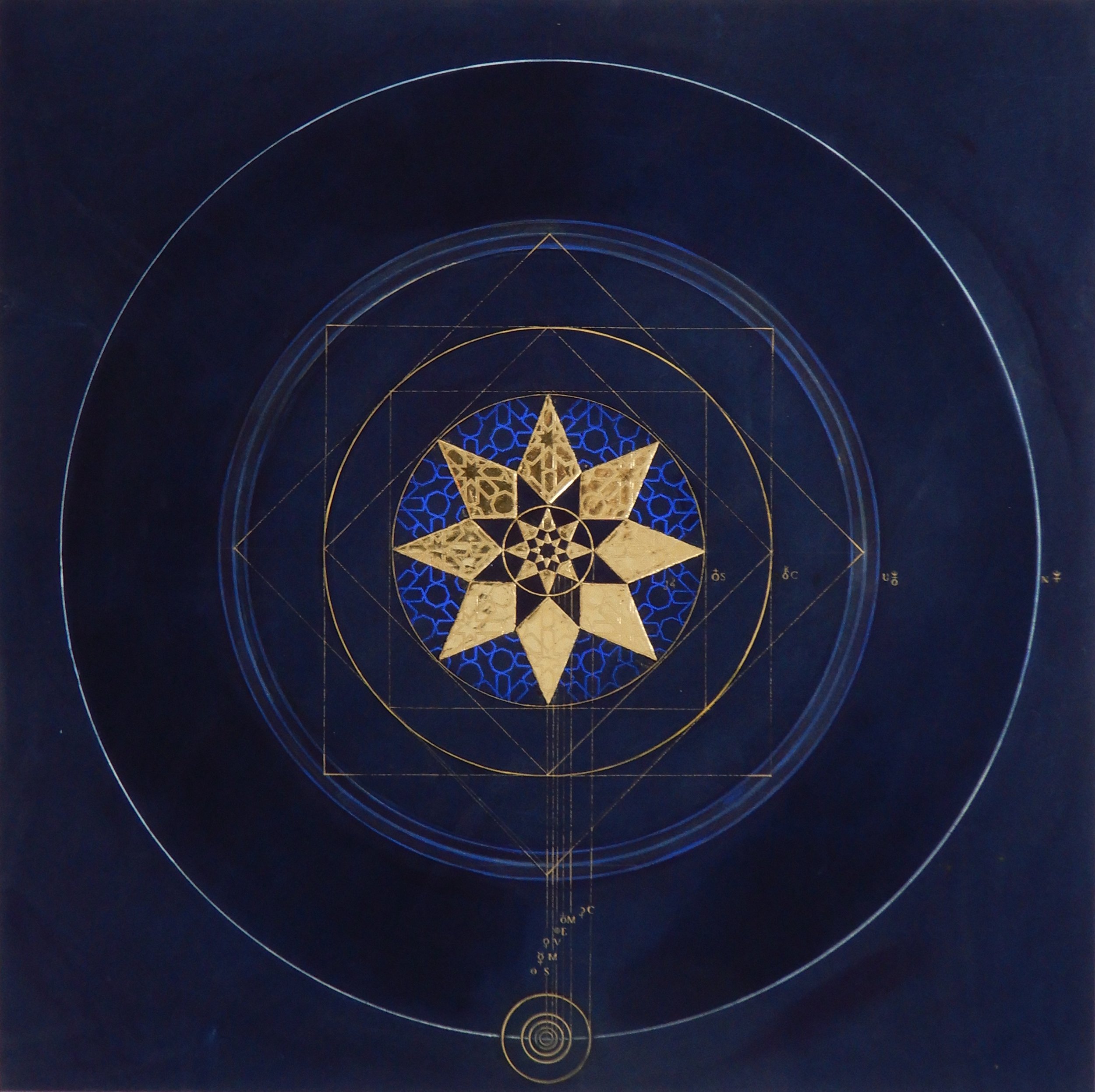   DESMOND LAZARO   The orbits of the nine planets including Ceres &amp; Chiron after JM study  2022   Pigment paint and raised gold gilt on Indigo dyed cotton cloth attached to Birch board support  91 x 91 cm 