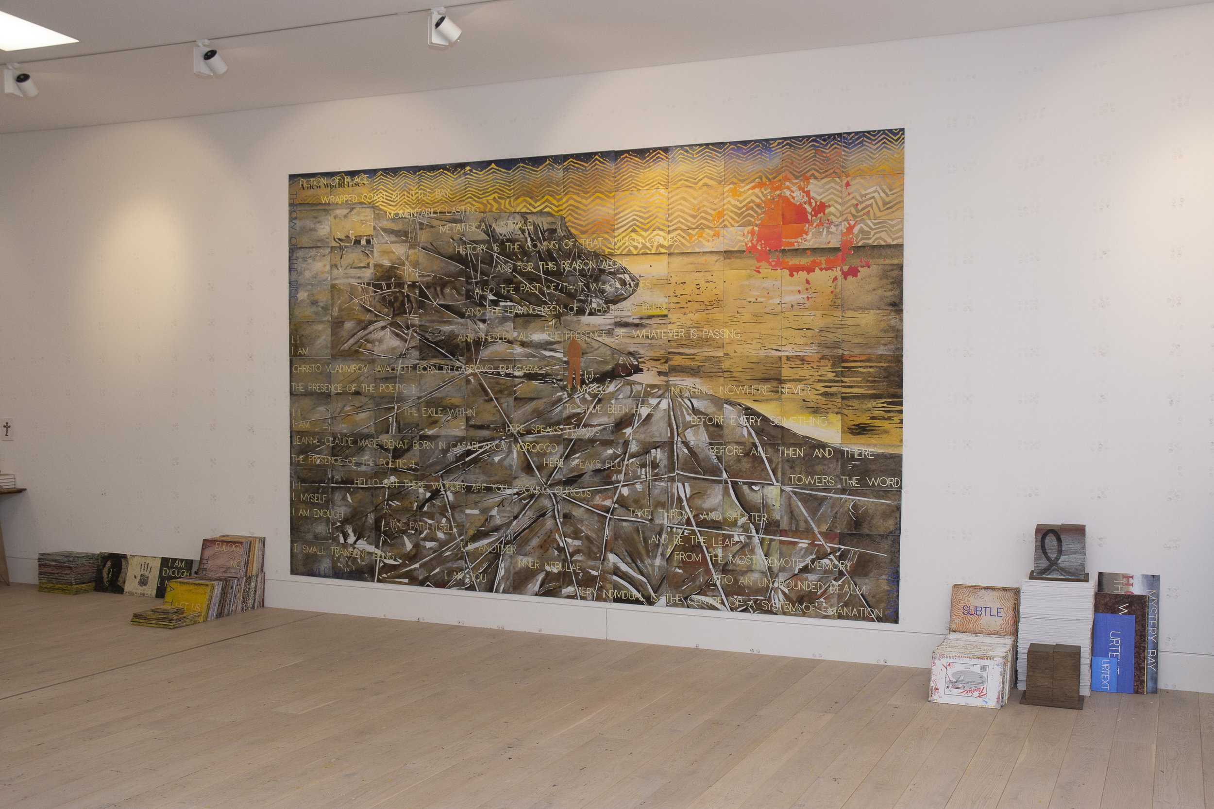  Imants Tillers  A New World Rises, 2019  installation consisting of 32 paintings (synthetic polymer paint and gouache on 583 canvasboards), 169 blank canvasboards and 2 bronze objects nos. 109616–110369 