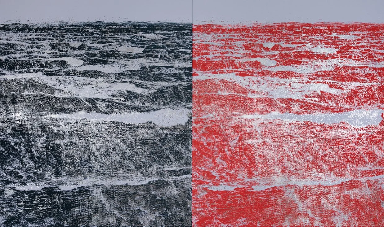   NIKE SAVVAS   DEN XECHNO : DEN THELO NA TA THIMAME / Never Forget: I don't want to remember , 2025 Archival ink, textile foil on polyester canvas, stretched over a wooden stretcher frame 190 x 320 cm (diptych) 