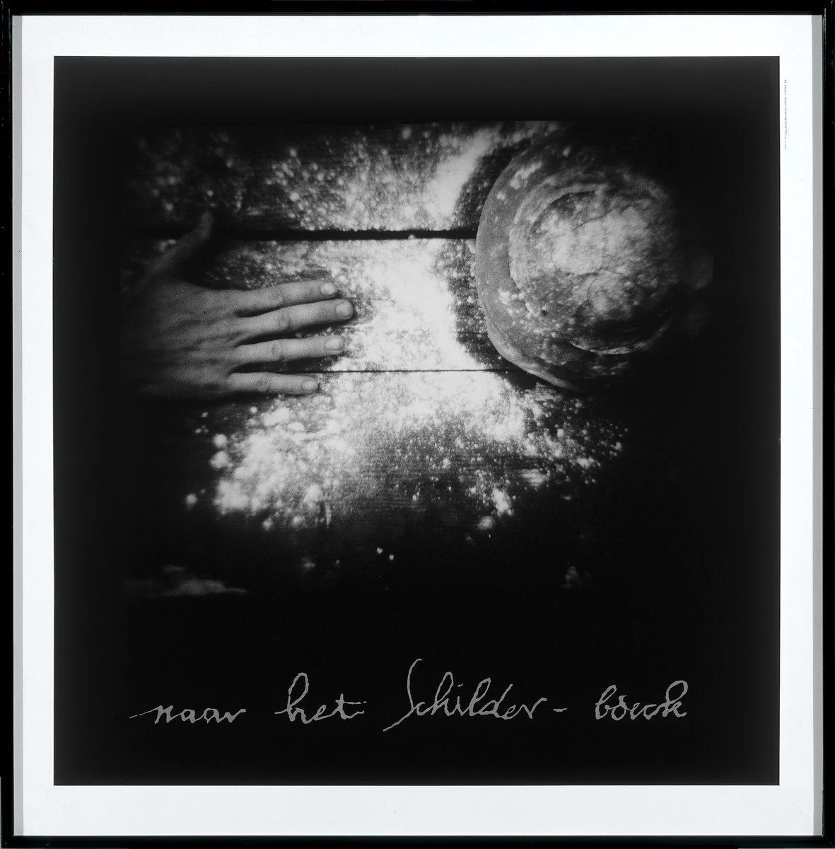   JACKY REDGATE   He cannot reach from one loaf to the other from the series Naar het Schilder-Boeck 1984-85 , 1984 Gelatin silver photograph, matt with ink stamp, sandblasted glass, edition of 10 + A/P 97 x 97.5 cm 