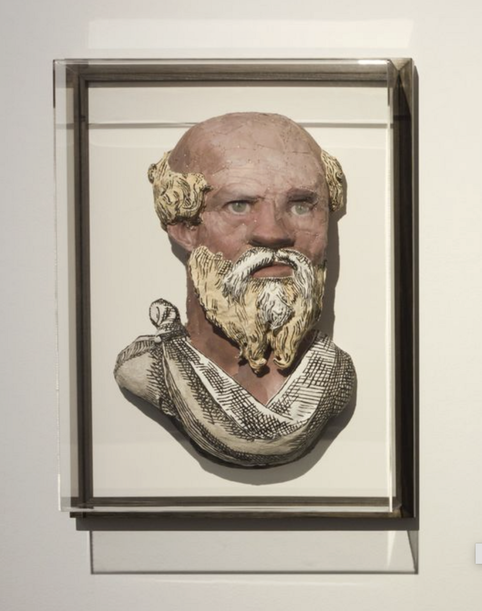   ROSE FARRELL &amp; GEORGE PARKIN   Curious Evolution: Man (from Deer Pair) , 2008-2011 Synthetic polymer paint on papier-mache, digital print on cotton fabric, steel pins, foam core backing 51 x 35 x 15 cm 