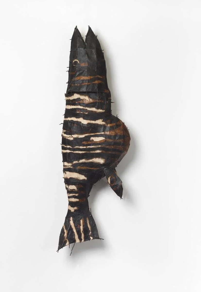   JOHN DAVIS   Untitled (pregnant fish) , 1989 Twigs, Calico, Bituminous Paint, Cotton Thread 153 x 50 x 26 cm 