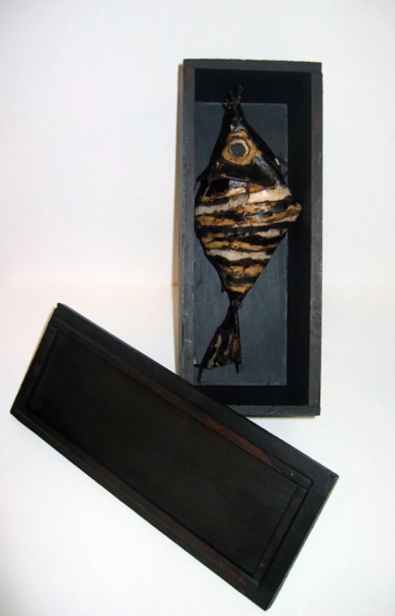   JOHN DAVIS   Component of “Inventory, 49 Fish” , 1990 Twigs, Calico, Bituminous Paint, Cotton Thread 23 x 9 cm 