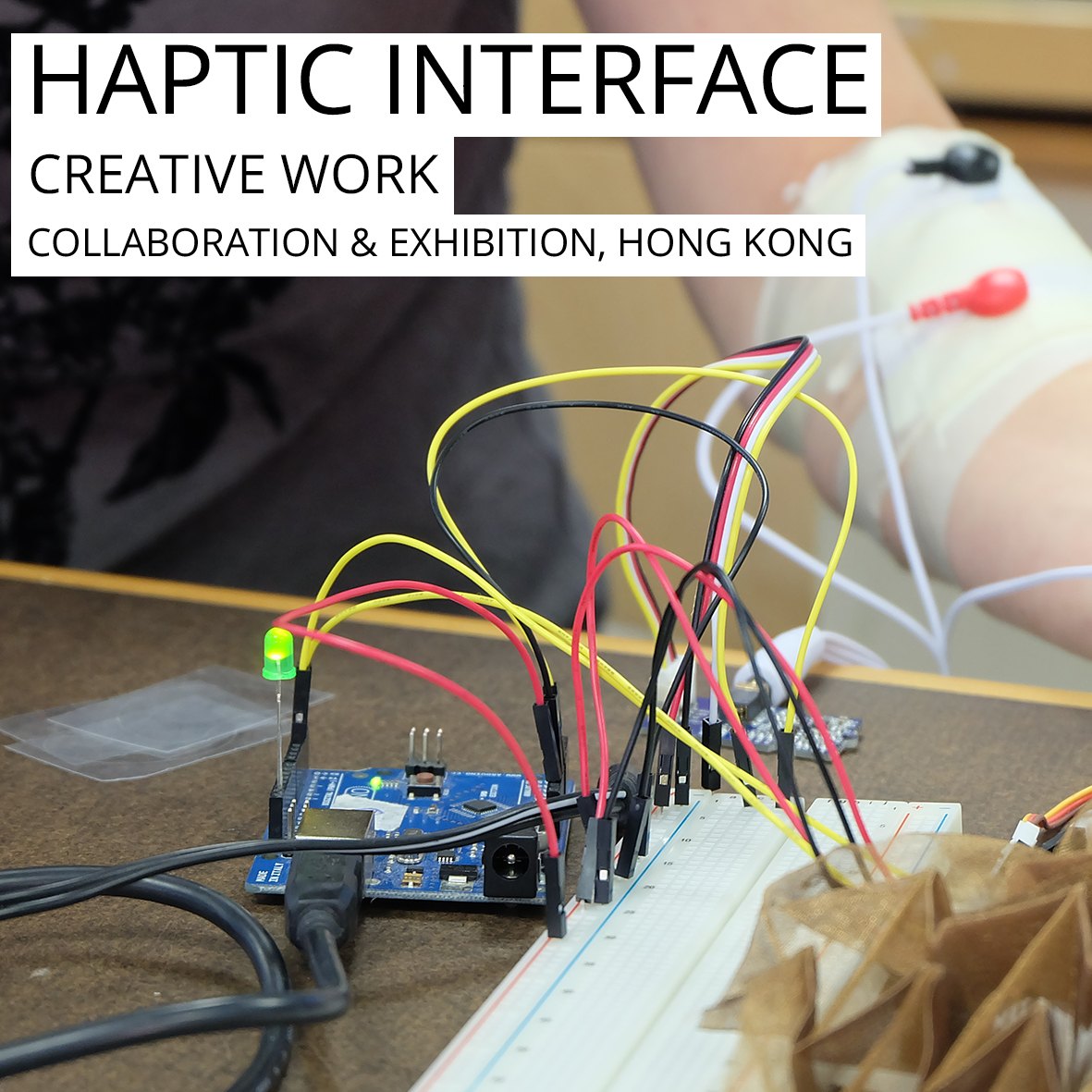 During Haptic InterFace I was fortunate to collaborate with a group of talented artists and designers, over the course of two intensive weeks we conceived, designed and developed a BIOdress sensor networking prototype. The BIOdress connects the wearer with the environment and surrounding context by reacting and changing in accordance with the ambient conditions. The dress responds to three particulars; (i) particulate levels (dust), (ii) air quality, and (iii) organic matter EMG readings. As fugitive dust emitted by unstable or disturbed surfaces is detected in the air, the BIOdress changes colour, as the air quality deteriorates the shoulder pleats expand and contract, breathing, in response to this condition. Faster breathing equates to poorer air quality, to the point of exhaustion (this reaction will stop). Finally, EMG readings from the plant cause the leaves of the BIOdress to move and respond to its energy, wavering back and forth synergistically with the plant. DESIGNERS/ARTISTS: Raune FRANKJAER (Trier, Germany), Zoe MAHONY (Sydney, Australia), Sara ADHITYA (London, United Kingdom), Beck DAVIS (Brisbane, Australia) & Tricia FLANAGAN (Kowloon, Hong Kong)
