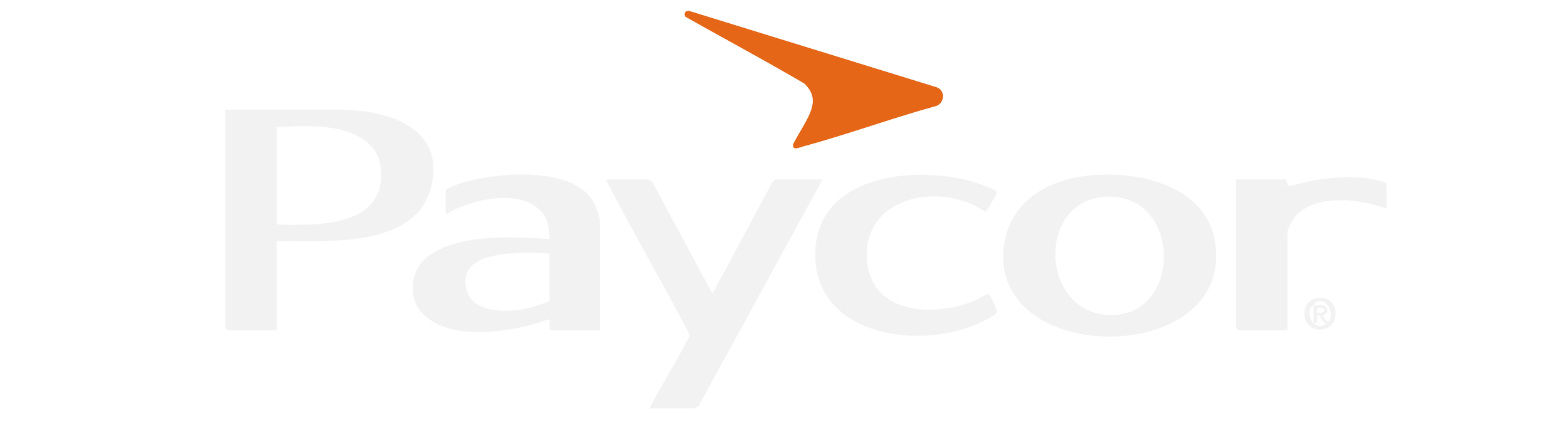 Paycor logo with black background and an orange arrow above the letter 'y'
