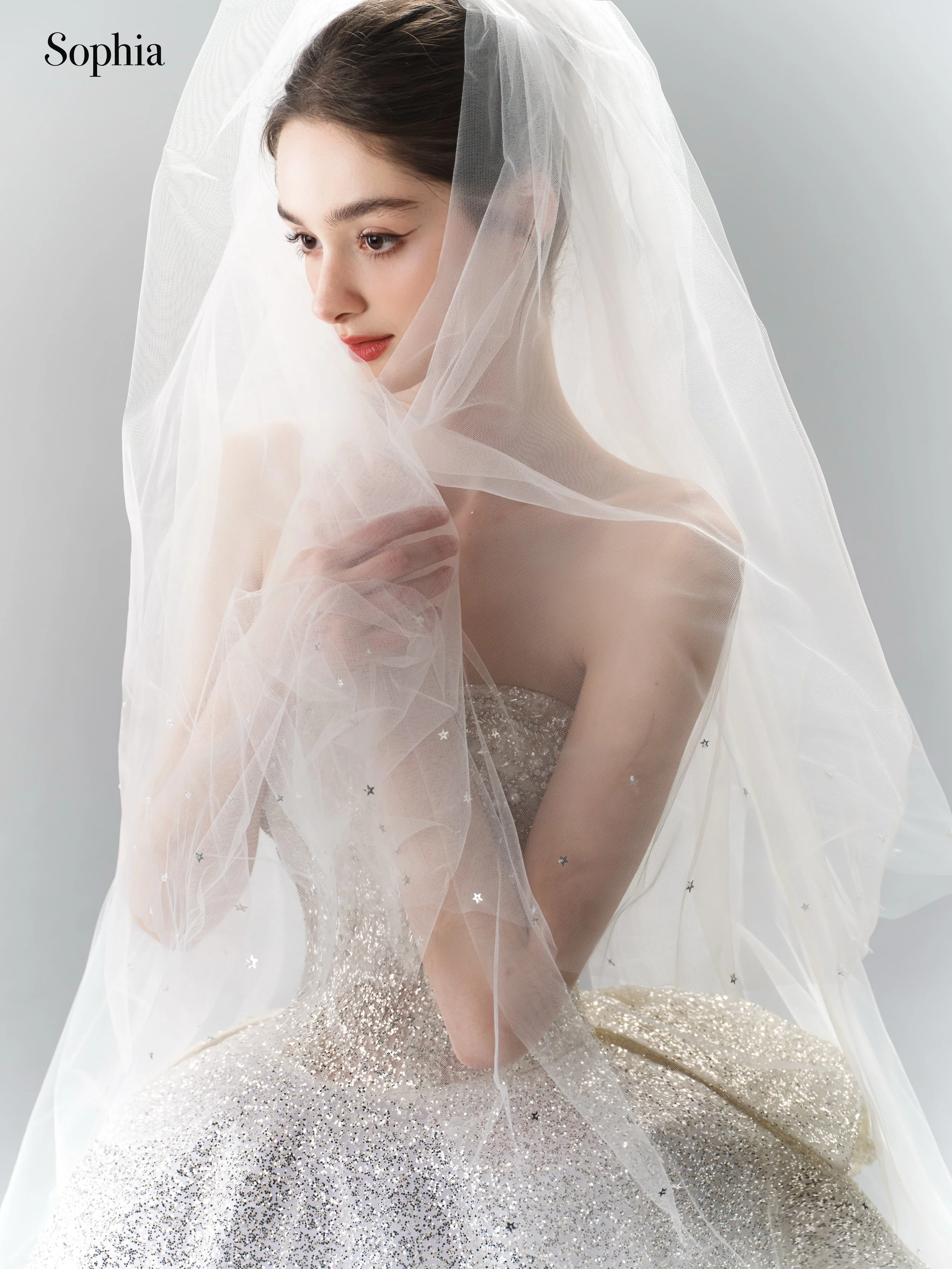 AMB1918 銀白色亮片珠飾心型領澎裙白紗搭配頭紗上身造型