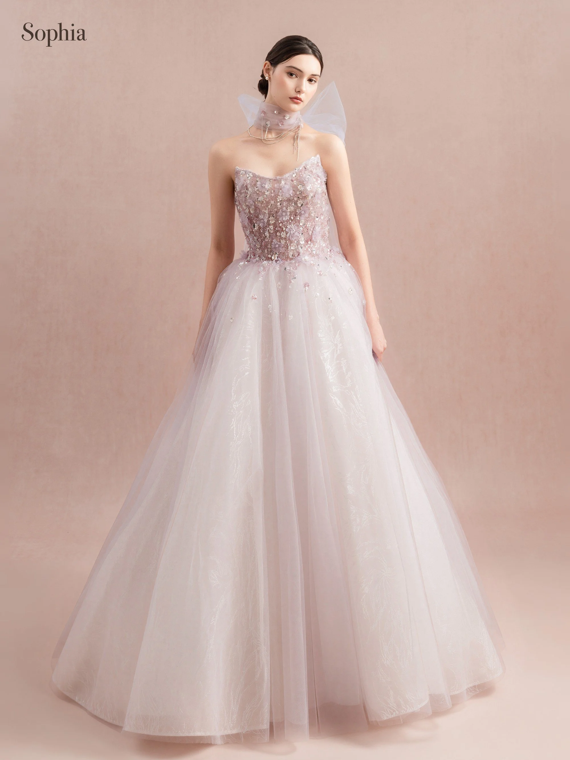 W0052 紫丁香 淡紫平口立體花珠飾網紗蓬裙晚禮服 正面全身