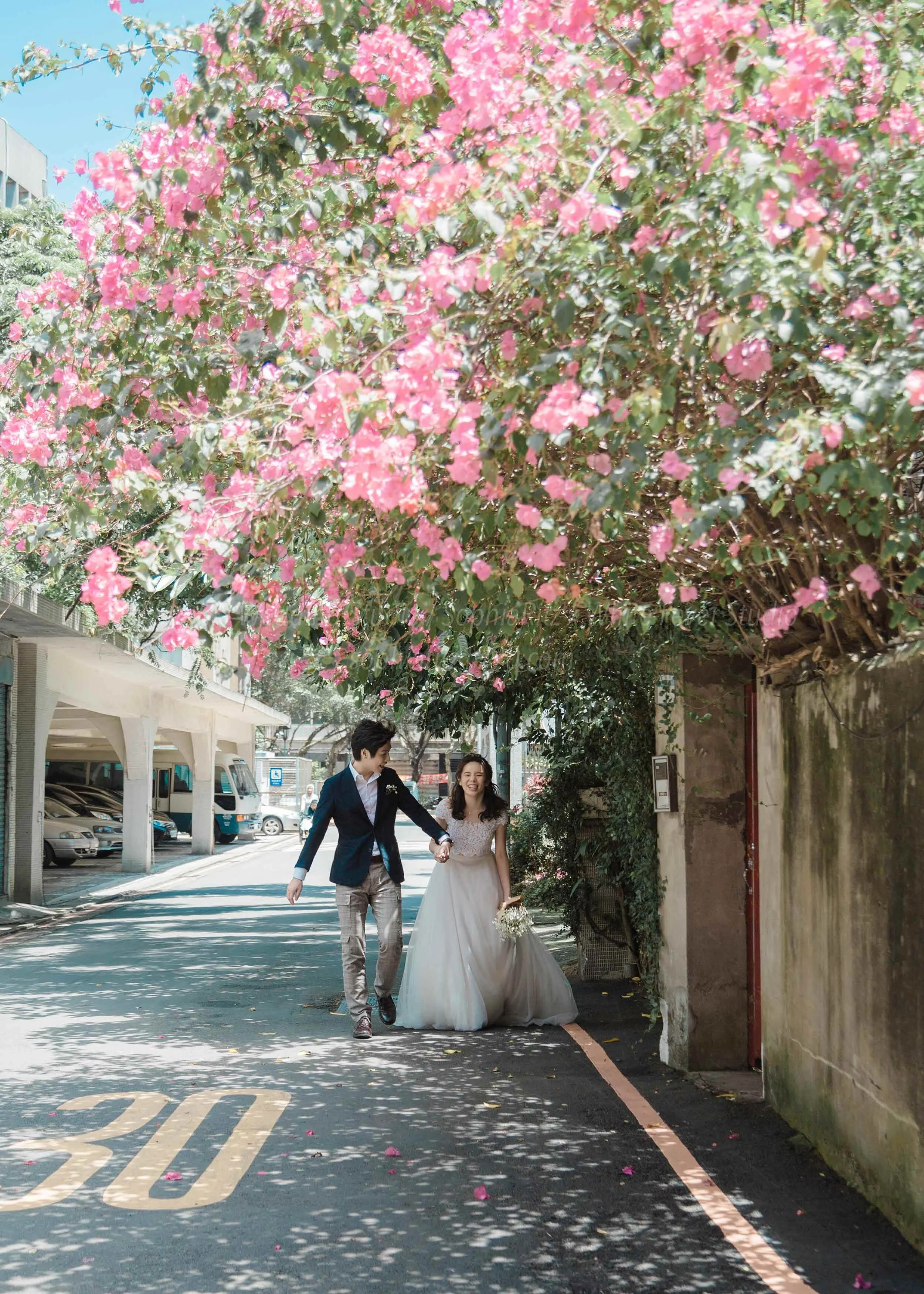  蘇菲雅婚紗-白色狂熱聯名-街巷-九重葛-外景-婚紗照 