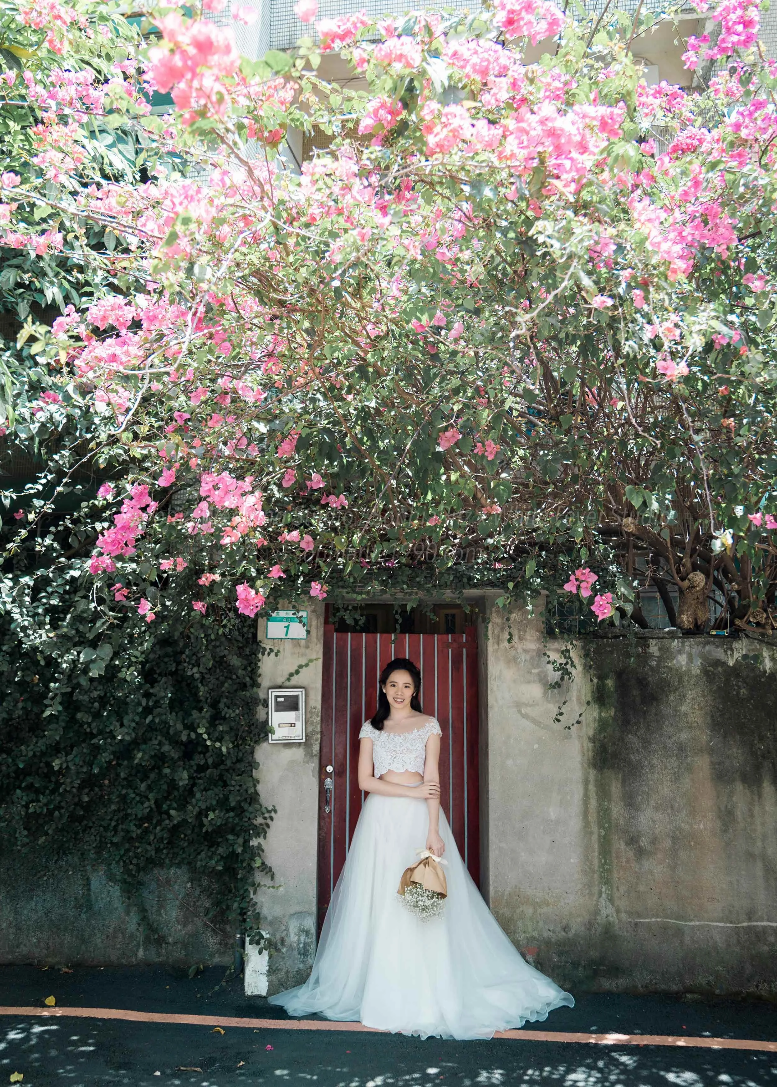 蘇菲雅婚紗-白色狂熱聯名-街巷-九重葛-外景-婚紗照 