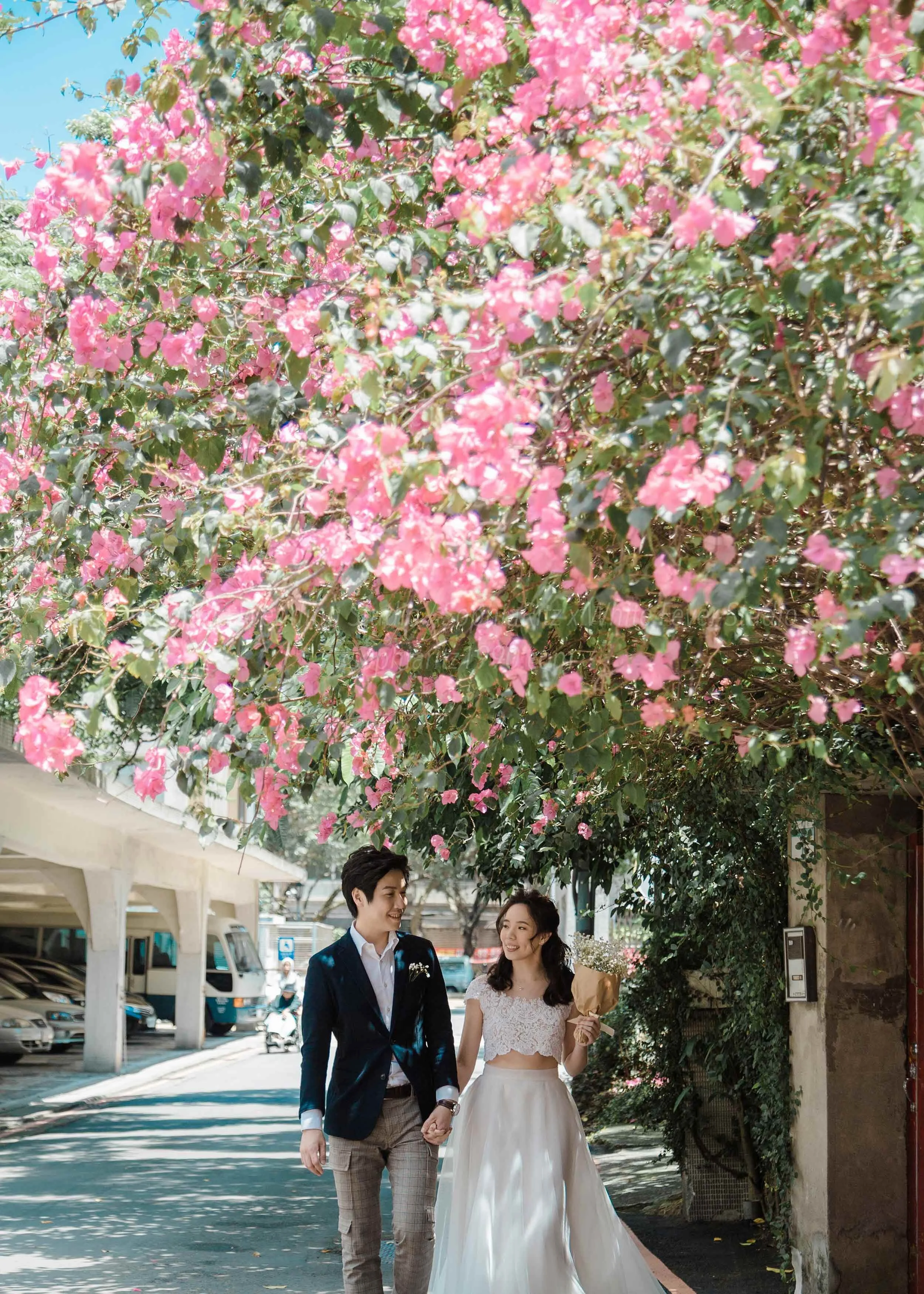  蘇菲雅婚紗-白色狂熱聯名-街巷-九重葛-外景-婚紗照 