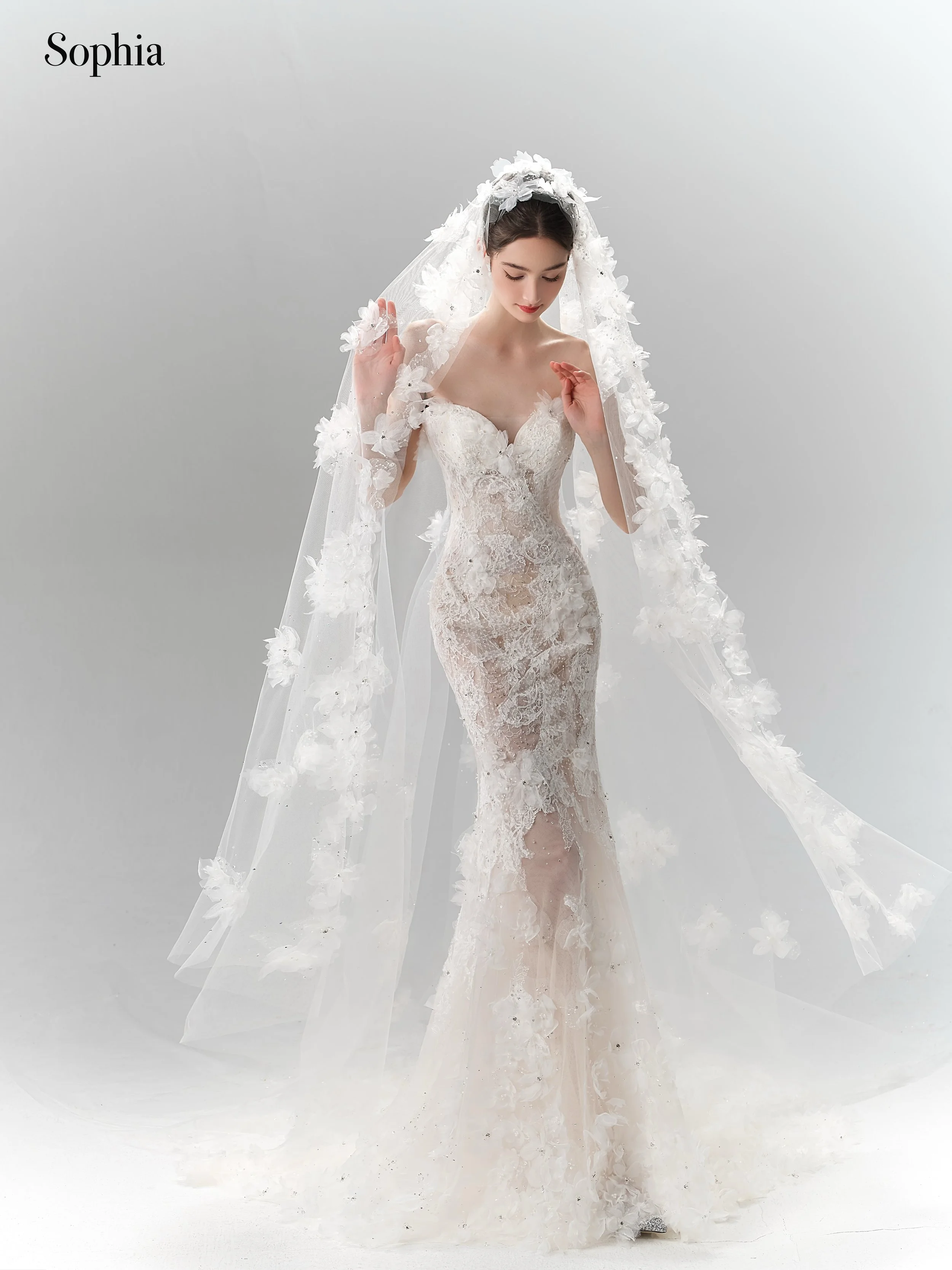 ADB1903 珠飾立體花修身魚尾白紗婚紗造型