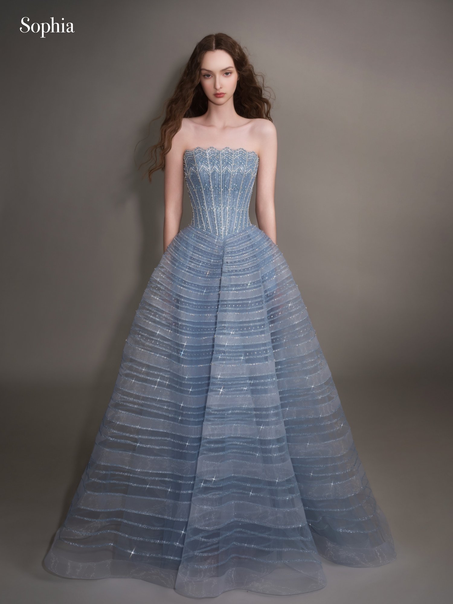 W0007 水藍色珠鑽平口馬甲澎裙晚禮服正面全身造型