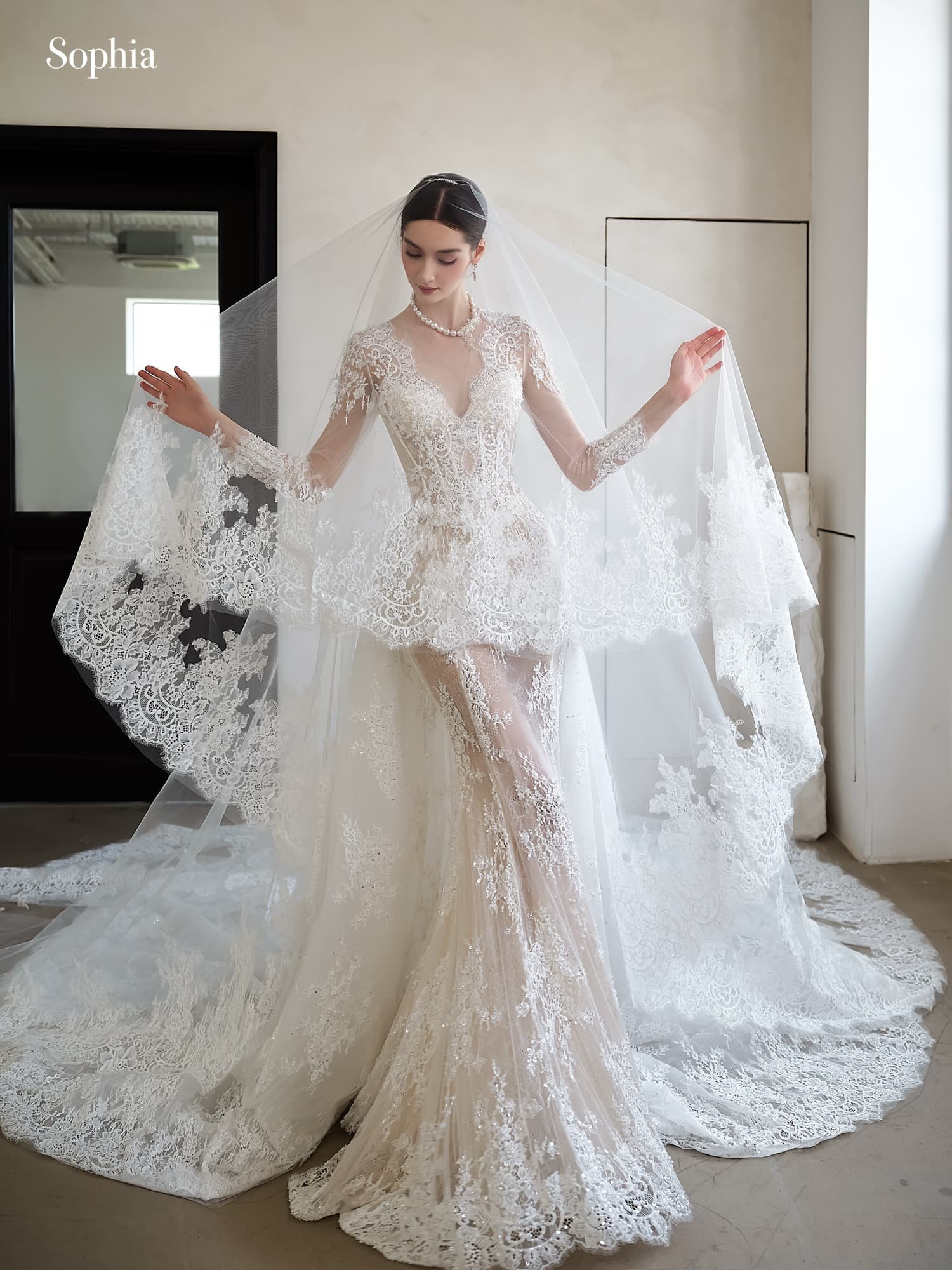 01082507 白色透膚蕾絲長袖魚尾白紗搭配蕾絲外罩裙正面全身造型