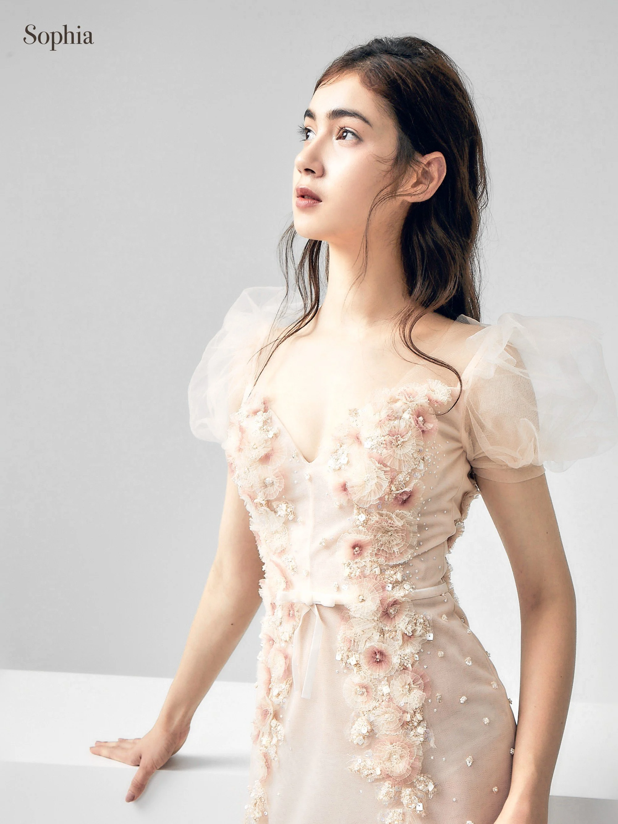 AGA005086 泡袖花語 裸粉泡泡袖立體花網紗晚禮服 正面上身