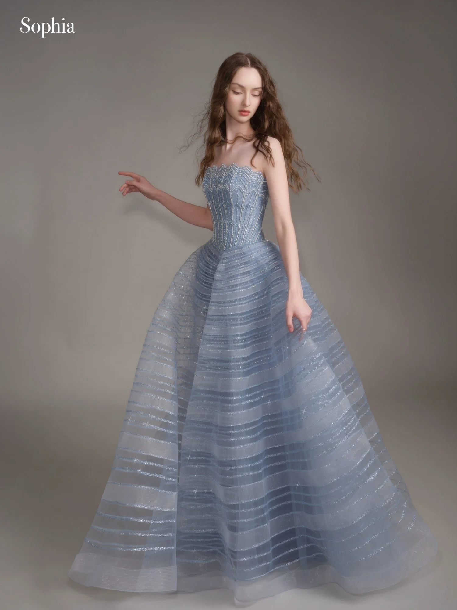 W0007 水藍色低腰珠鑽澎裙晚禮服側面裙襬造型