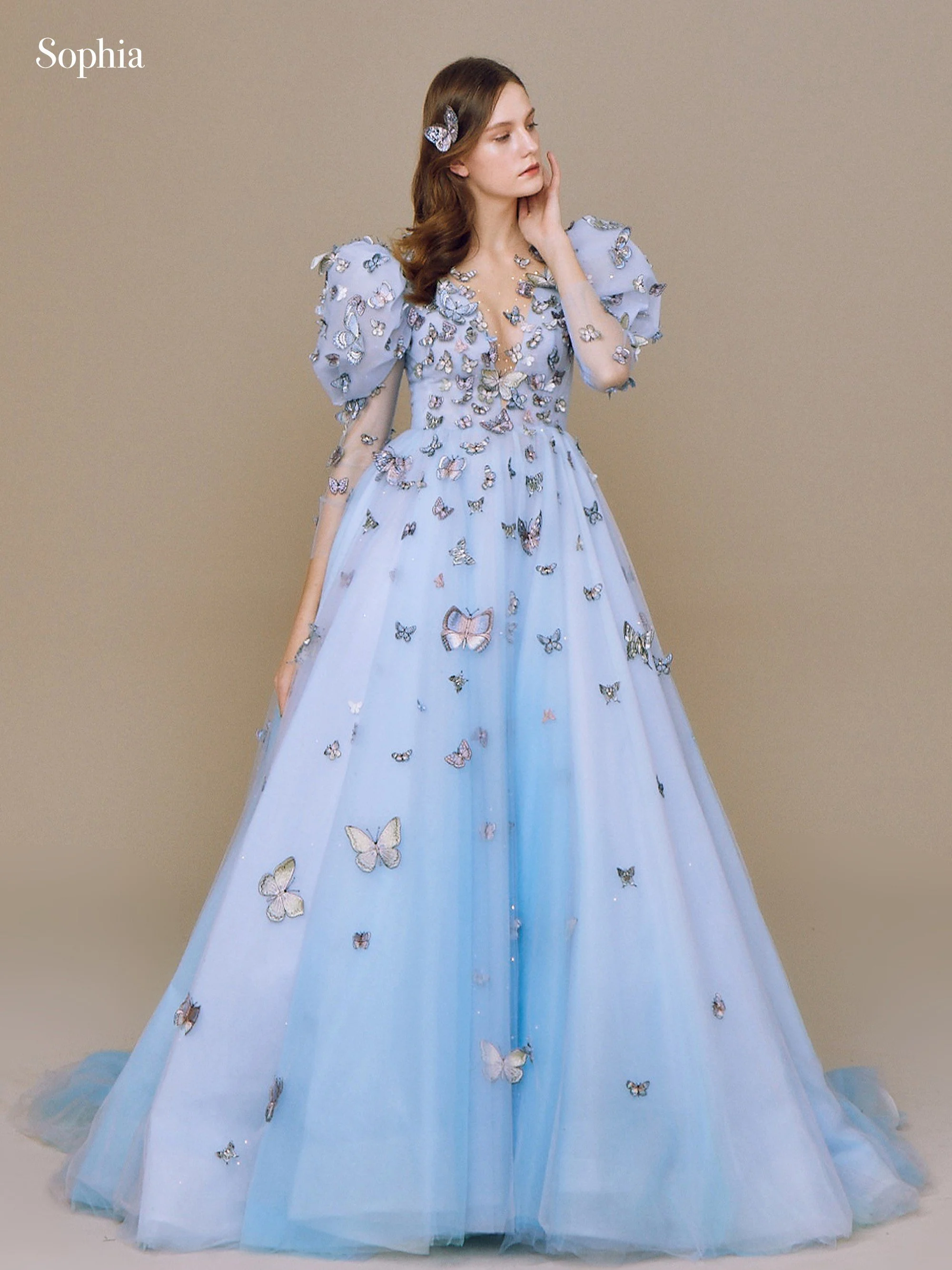 AMA5070 天空蝶舞 天空藍立體蝴蝶泡泡袖晚禮服 正面全身