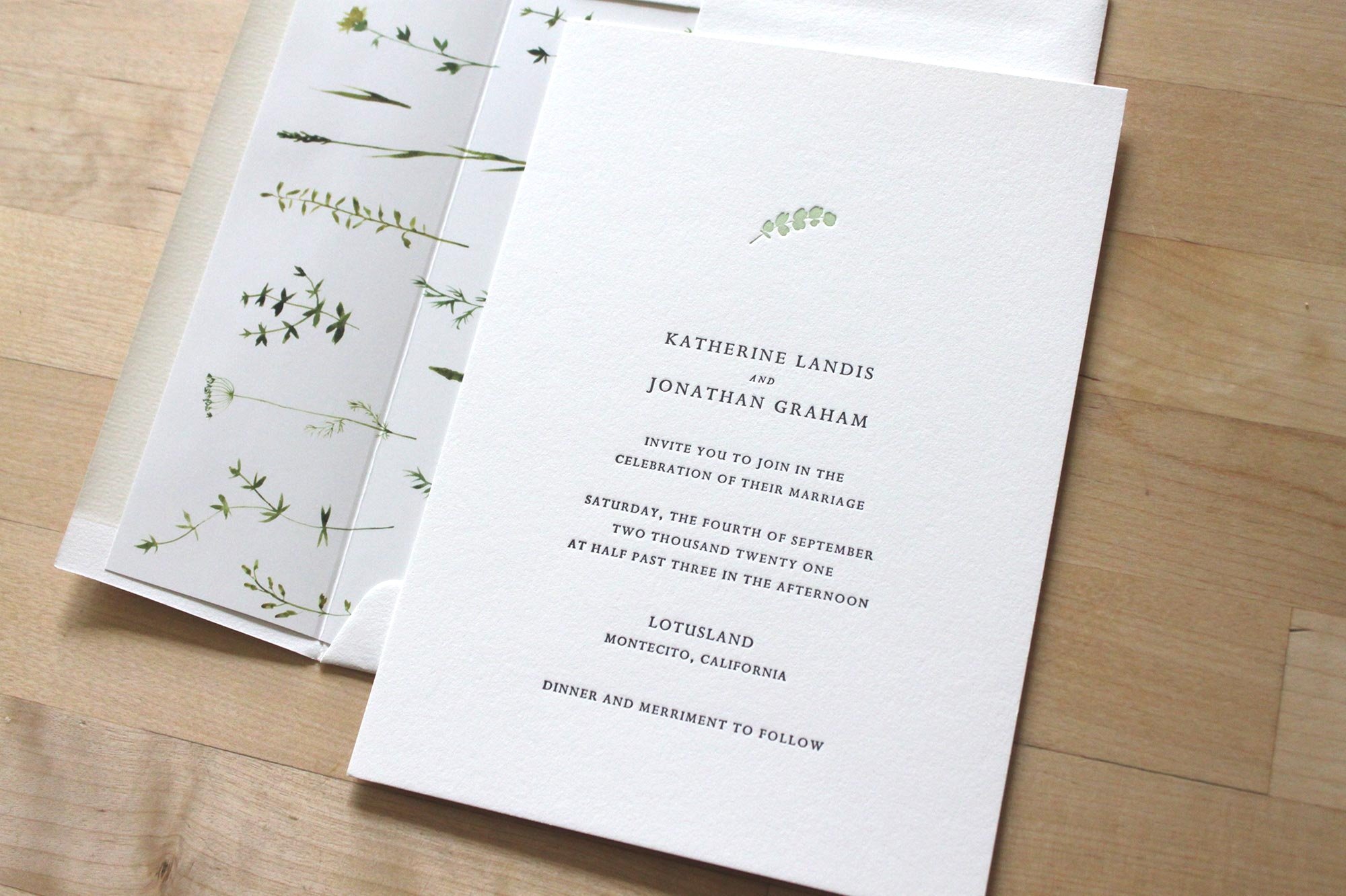 Simple Eucalyptus Letterpress Wedding Invitation