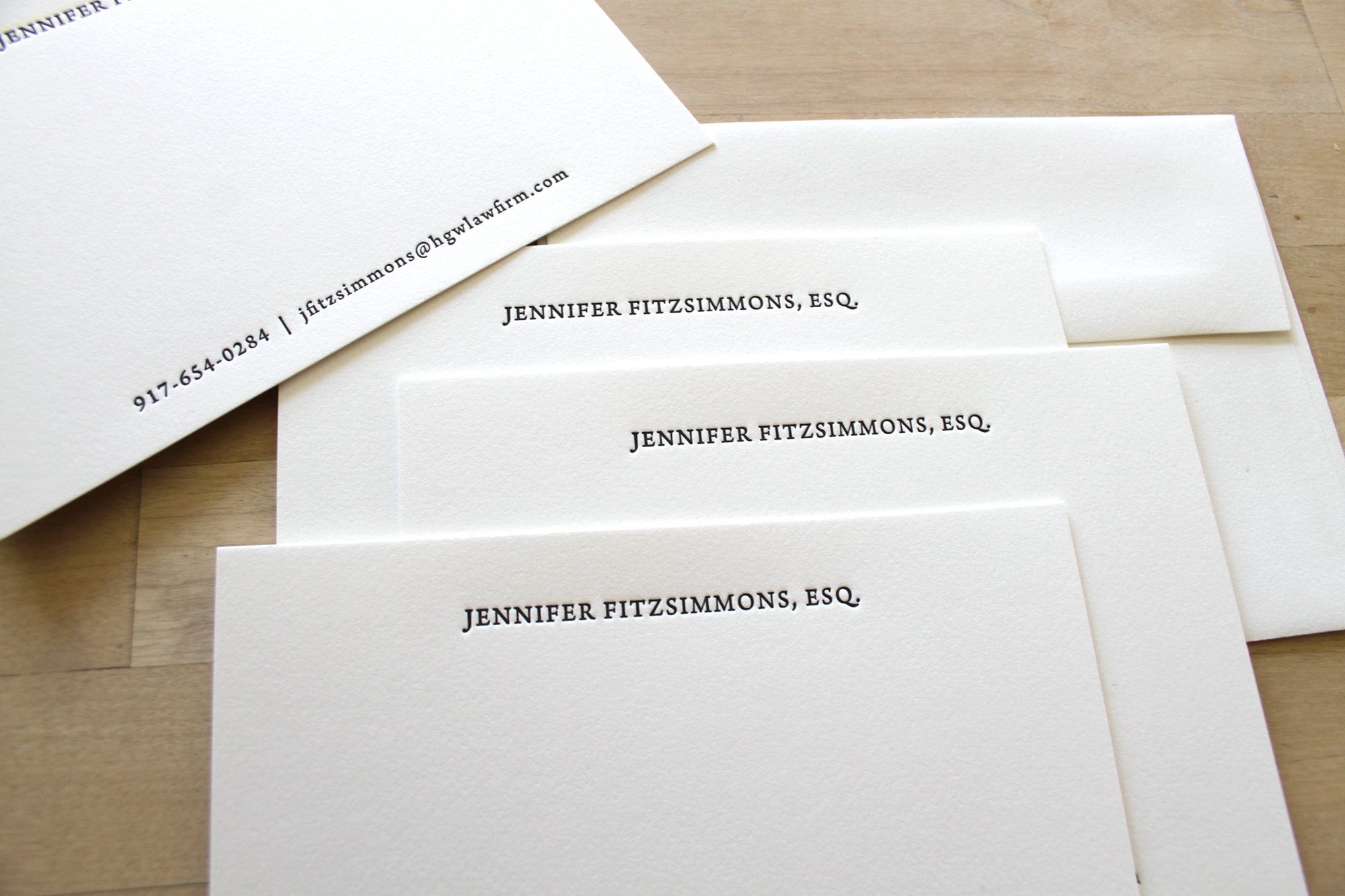 Professional letterpress stationery for attorneys with name, phone number, and email – personalized executive notecards by Moontree Letterpress.
