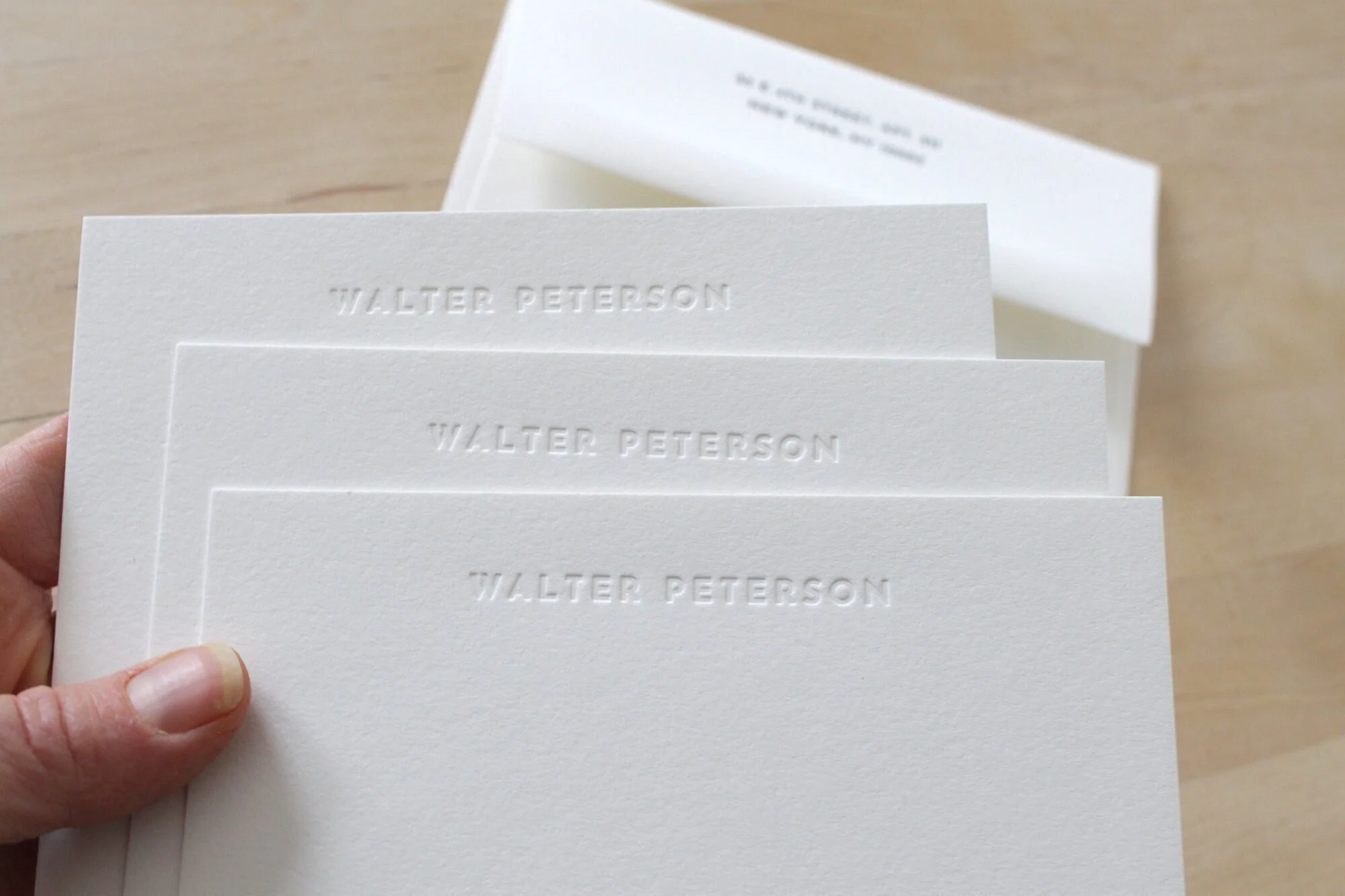 Blind embossed letterpress stationery set with debossed name on thick white cotton paper – minimalist handmade stationery by Moontree Letterpress.