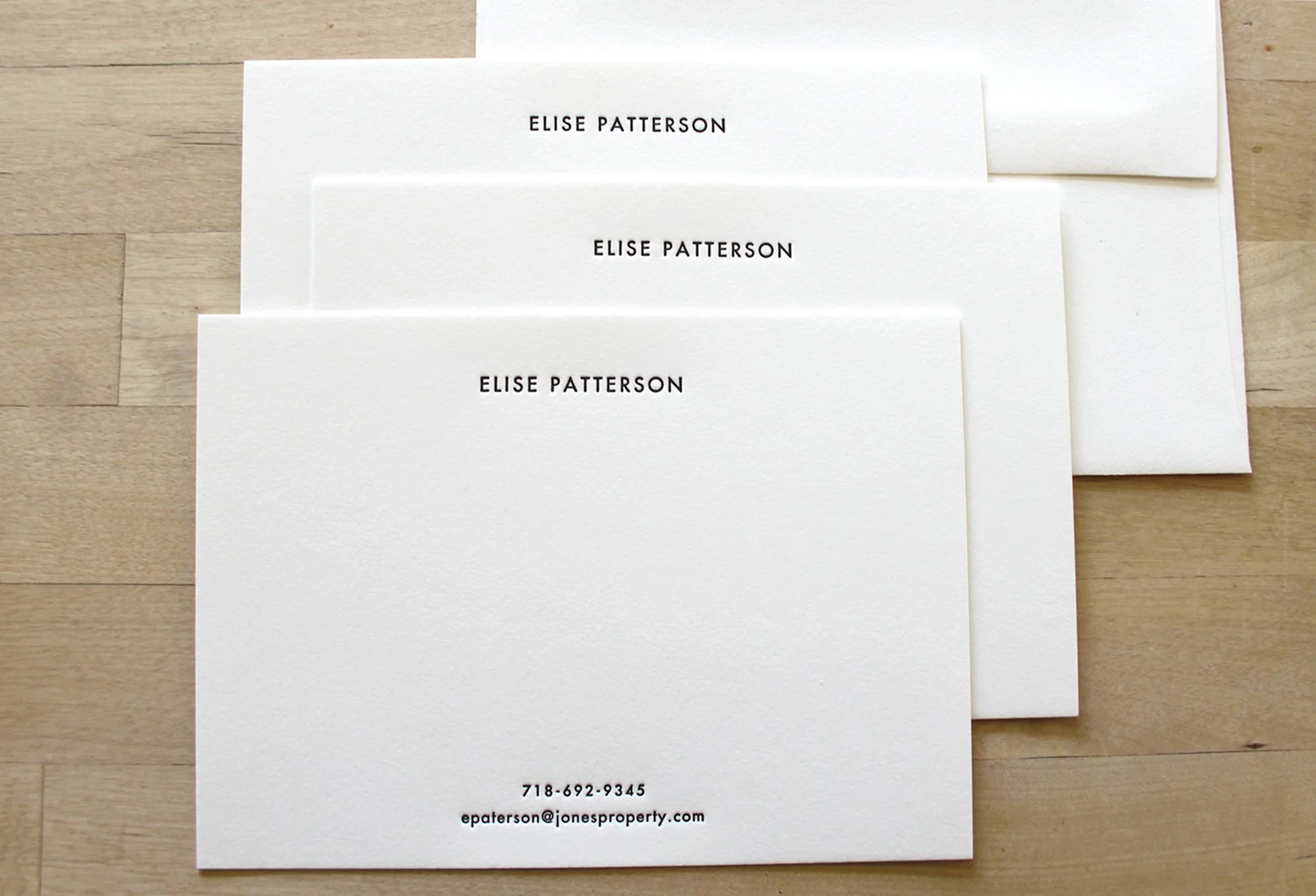 Personalized letterpress stationery set with name, phone number, and email printed in black ink – business stationery by Moontree Letterpress.