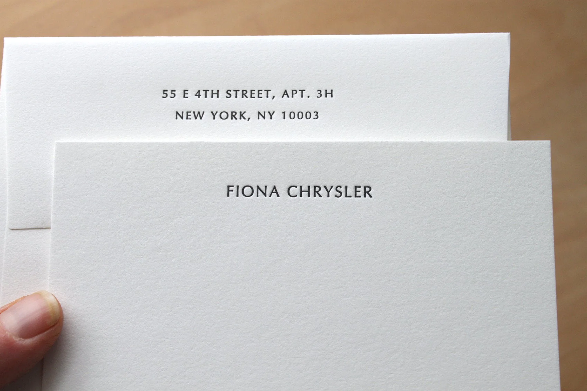 Classic personalized letterpress stationery set with name printed in black ink on white cotton paper – Moontree Letterpress.