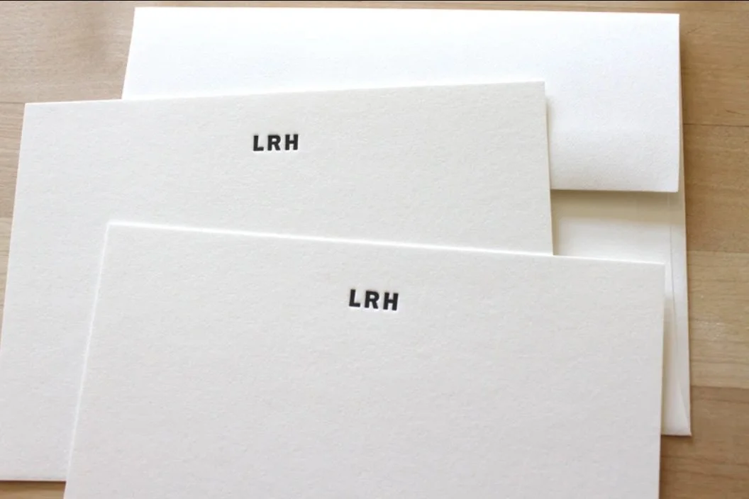 Monogram letterpress stationery featuring minimalist black initials on cotton paper – personalized executive stationery by Moontree Letterpress.