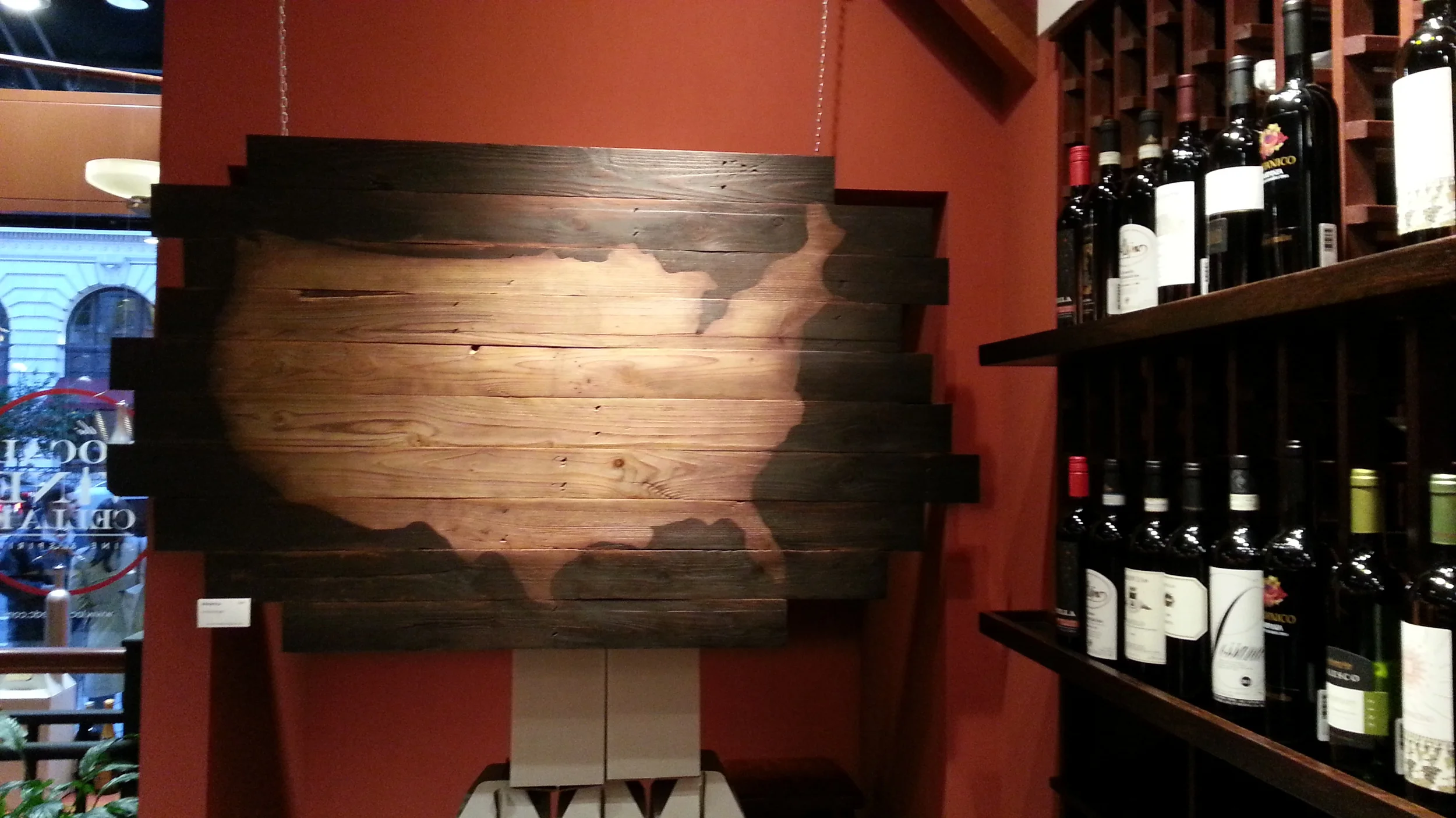  approx. 64" w x 37 1/2" h wood stain and wax glaze on reclaimed wood 