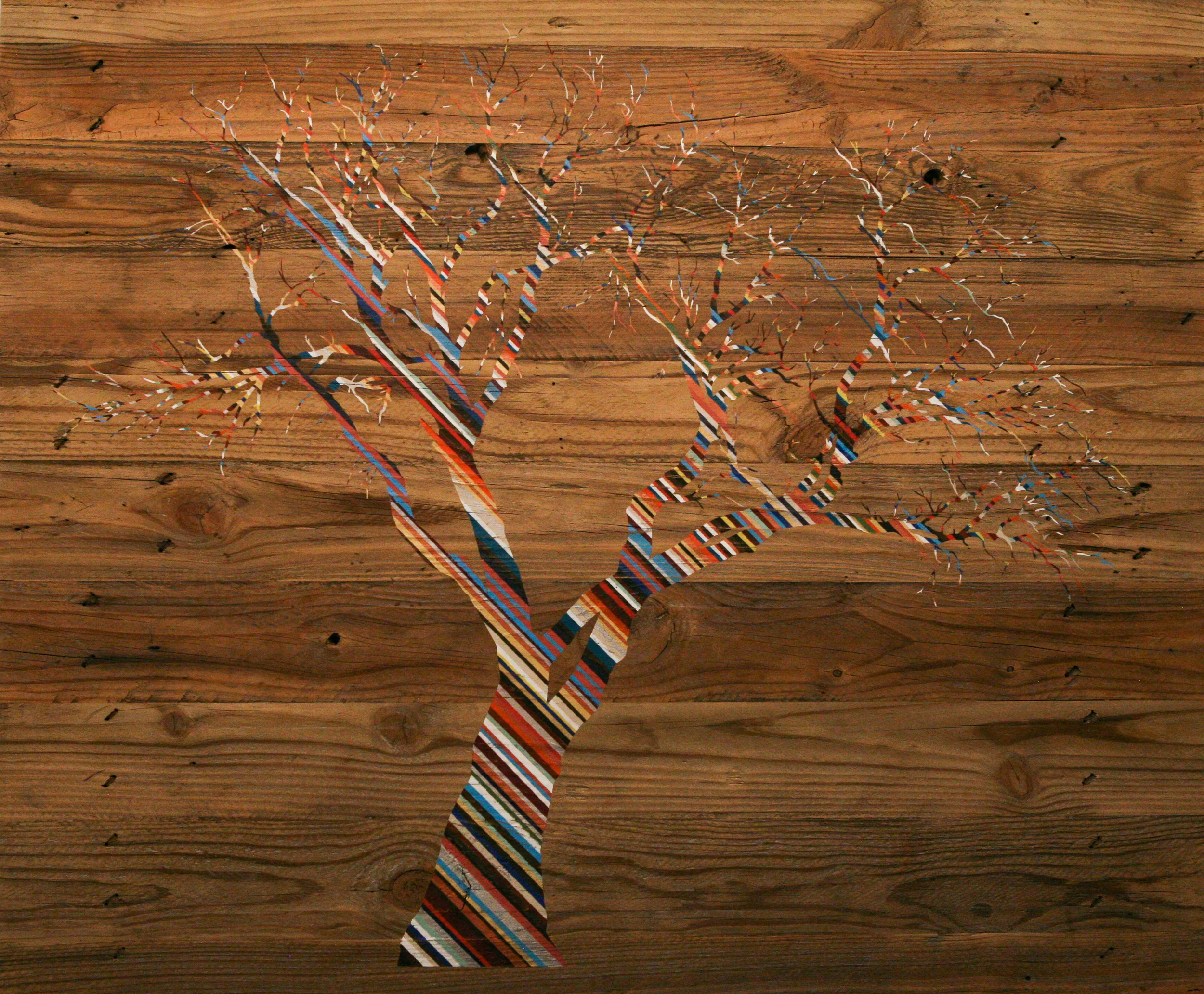   36 1/2" w x 30" h. Acrylic and stain on reclaimed wood. Photograph by  Rebecca Reed   