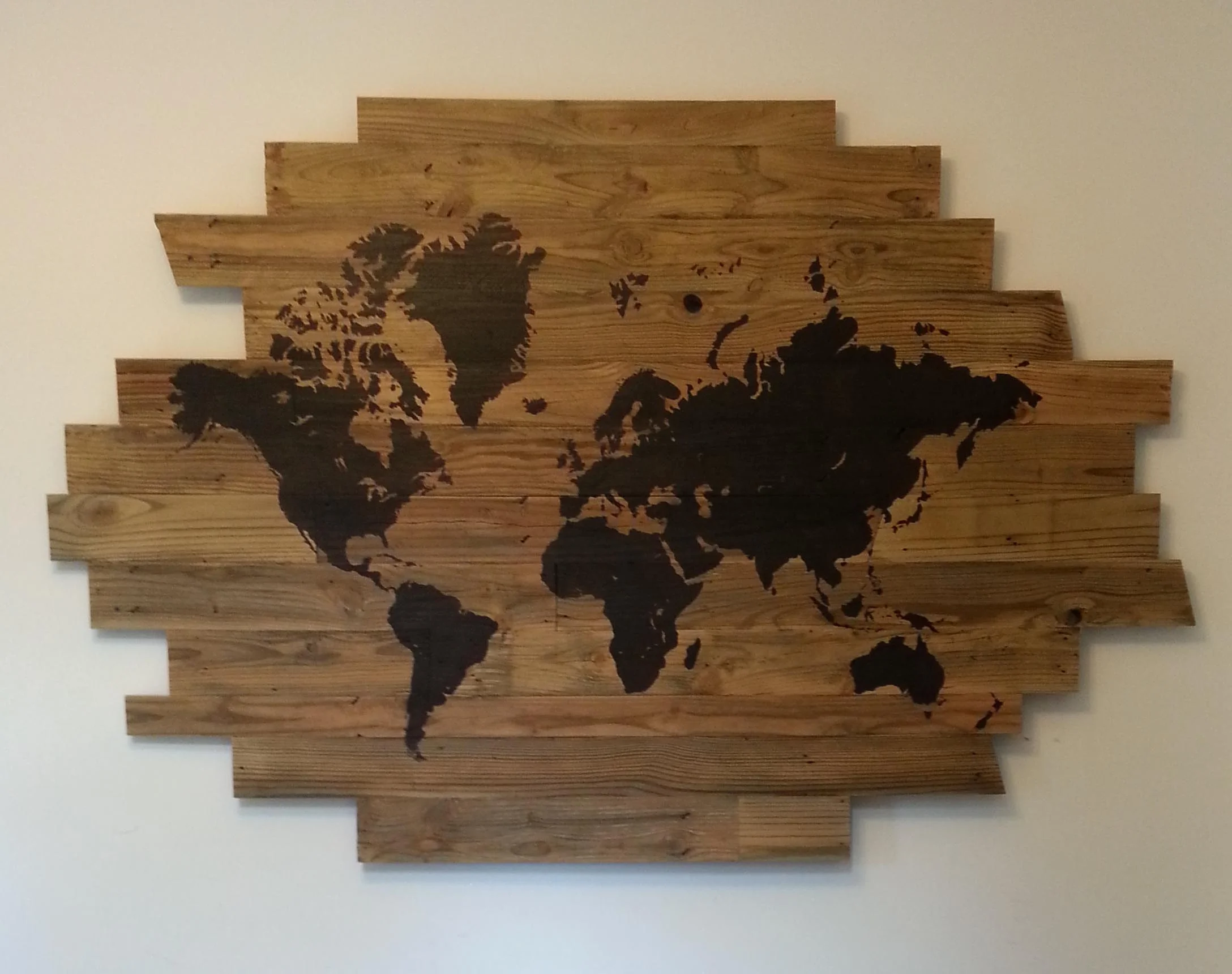   56 1/4" w x 35 1/2" h. dark gel stain continents on reclaimed wood.&nbsp;  