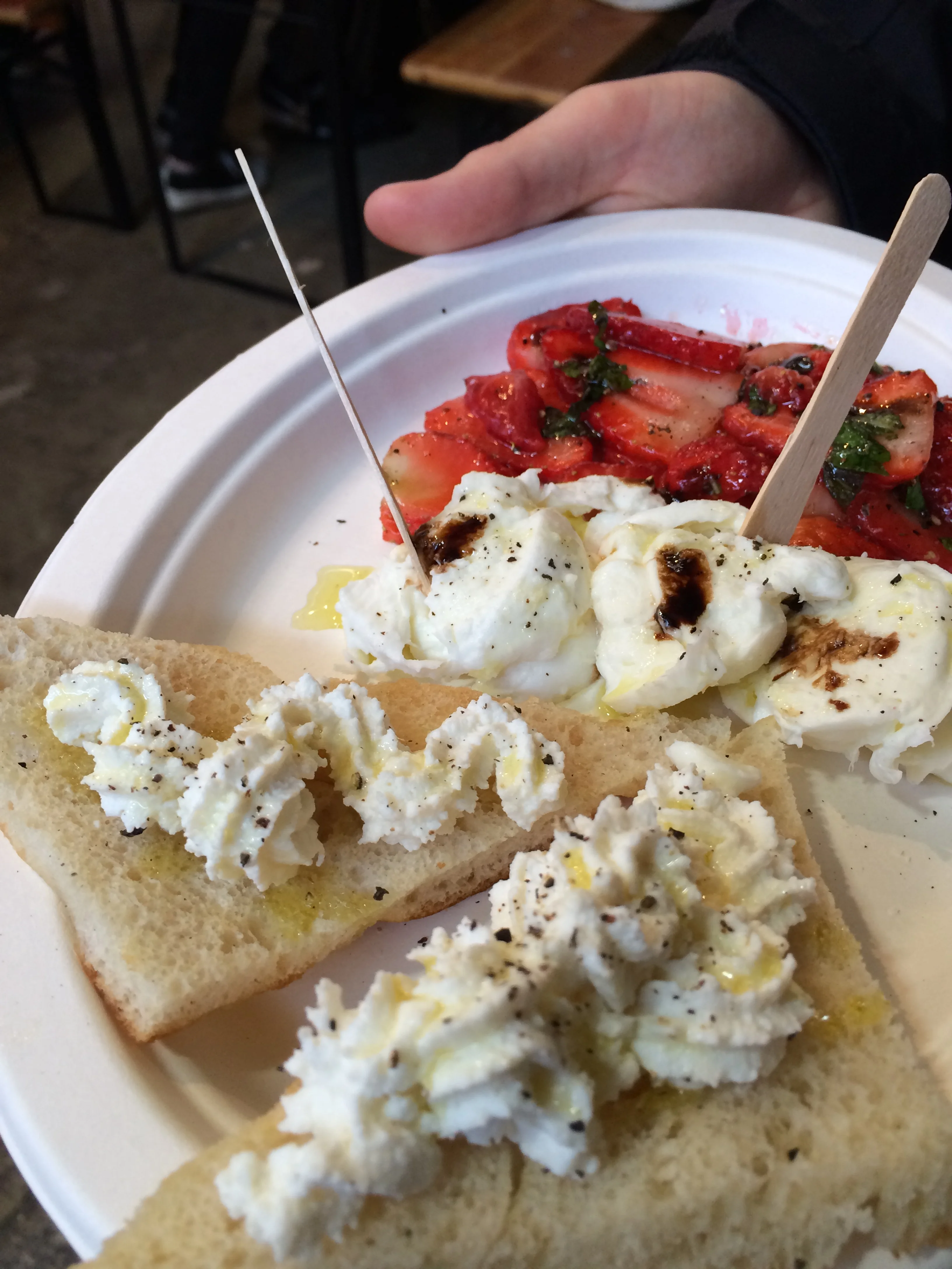 Buffalo Ricotta and Mozzarella with Minted Strawberries, Honey, and Balsamic Reduction
