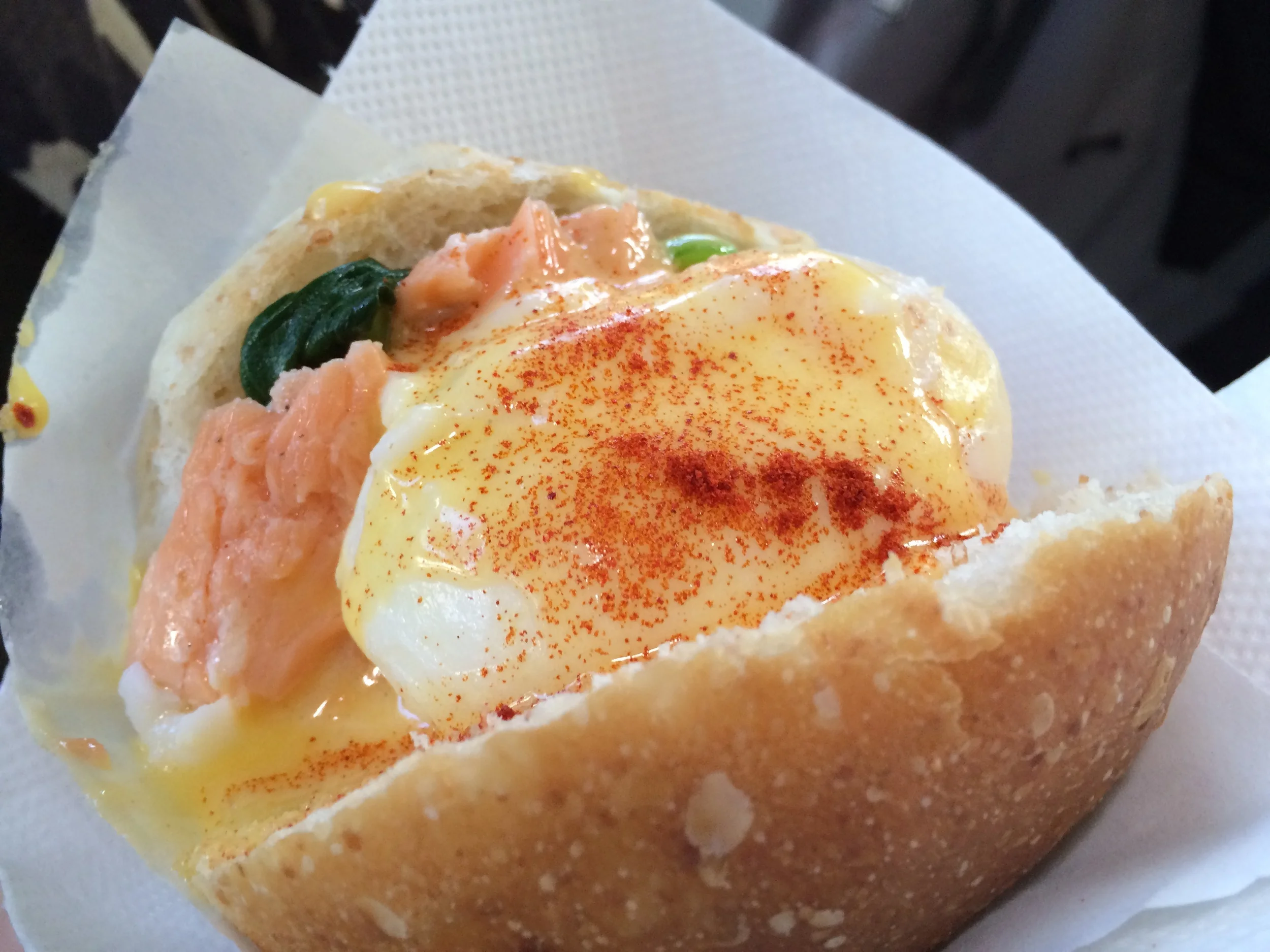 Eggs Benedict Bun with Salmon, Spinach, Poached Egg and Hollandaise Sauce