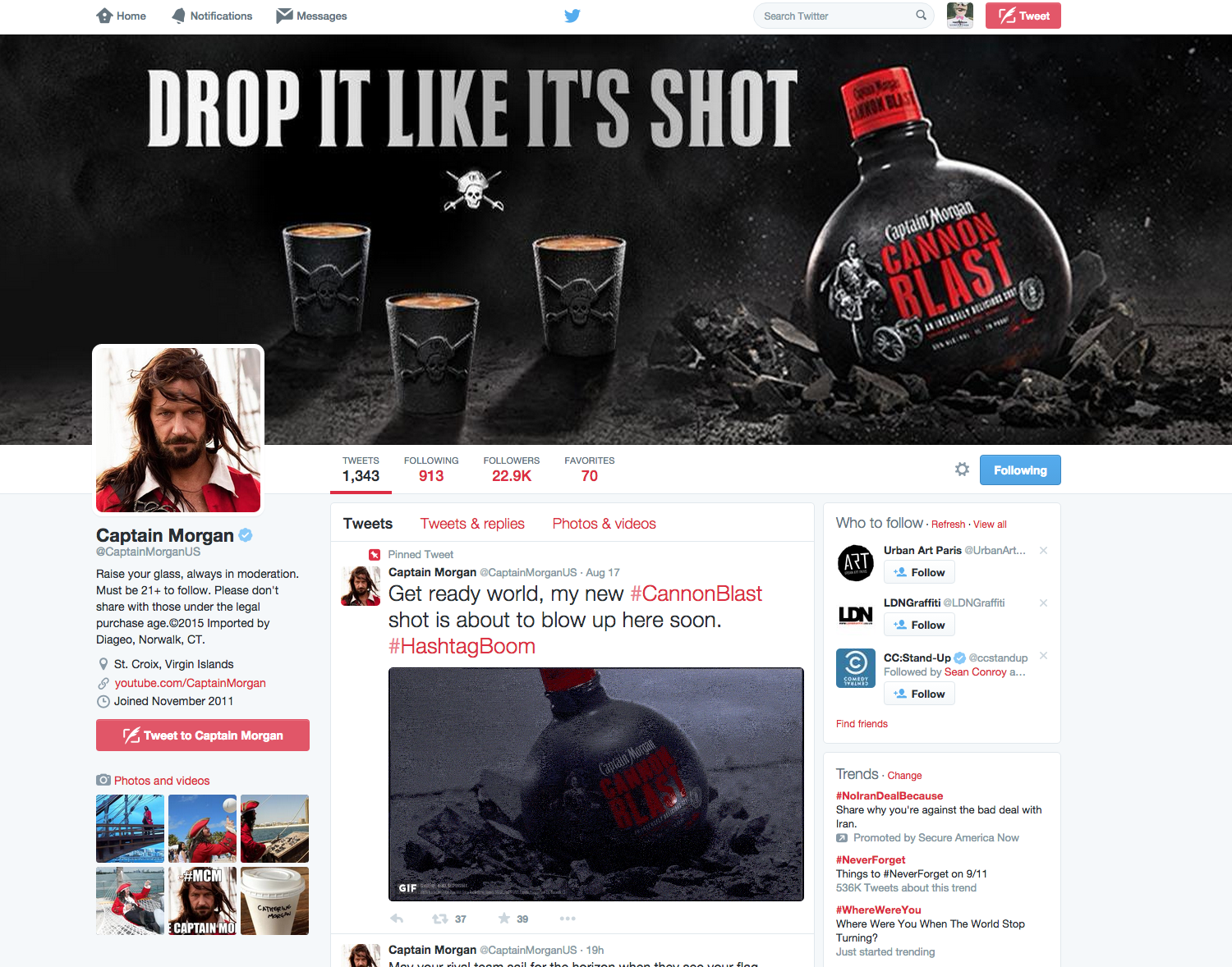 My work, live on Captain Morgan's official Twitter page. I couldn't wait to tell my mom that my work would be seen by millions. I also couldn't wait to explain what a GIF is, what Twitter is, or what the internet is. Parents.....am I right? 