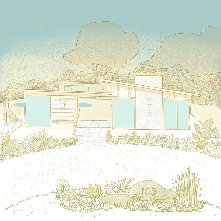 Studio on the left . Home on the right. 🤤 🫠
.
.
.
.
	#MidCenturyModern
	&bull;	#MCMArchitecture
	&bull;	#ArchitecturalIllustration
	&bull;	#TimelapseArt
	&bull;	#ModernLandscapeDesign