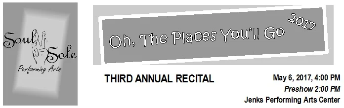 Rehearsal and Recital Information, including student dismissal procedure and frequently asked questions is available here . ROSTER A recital roster is posted on the Recital Wall. It is very important that parents confirm as soon as possible your student's listing in each of their recital pieces as well as the spelling of their names. Spellings and class listings will be assumed to be correct on May 8th. The schedule of pieces will not be changed , so please respect the time and effort that goes into scheduling so many students costume and make up changes. PHOTOS Recital Photos will be taken during class the week of May 16-20. Students should arrive in costume. If you have questions about hair and make-up, please consult with your student's instructor. Order forms are available for download here ; order directly from BlinkPhoto. BlinkPhoto does our recital photos, and they make them available for viewing on their website with a password. DVDs DVDs are now available for pre-order here . The pre-order price is less than the price for ordering at recital. Payment must accompany your order - cash or check only . Checks should be made payable to Soul II Sole. FLOWERS Flowers for your performer are now available for pre-order here . Some bouquets will only be available for pre-order. Only a small number of single flowers and small bouquets will be available for purchase at recital. Payment must accompany your order - cash or check only . Checks should be made payable to Soul II Sole . SHOUT-OUTS and ADS Shout-out and ad space for the program have been filled. VOLUNTEERS A recital volunteer sign up sheet has been posted to the Recital Wall, and positions are filled on a first come, first served basis. All parent volunteers will be able to watch their students' performance and a Thank You credit will be applied to your account after recital.