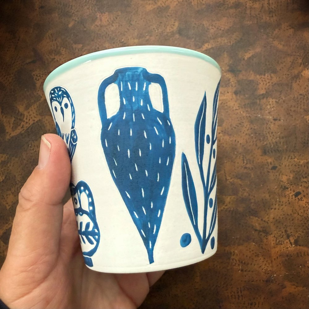 tumbler: blue and white temple + cypress + owl on a vase + amphora   Gabrielle Schaffner Ceramics