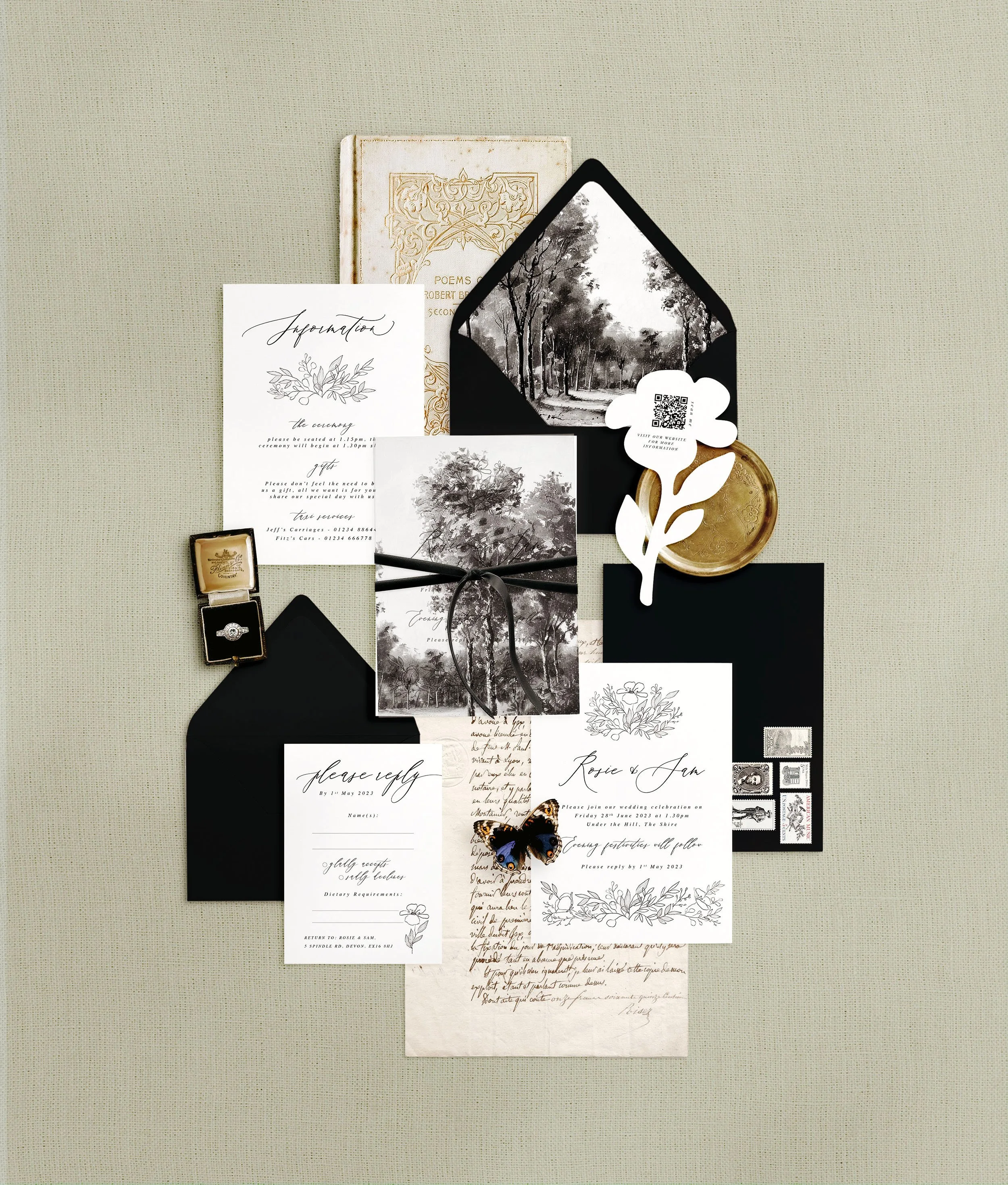 Wedding Invites, rsvp and a flower shaped details card. A black and white monochrome design with hand-drawn floral details and an oil painted trees.