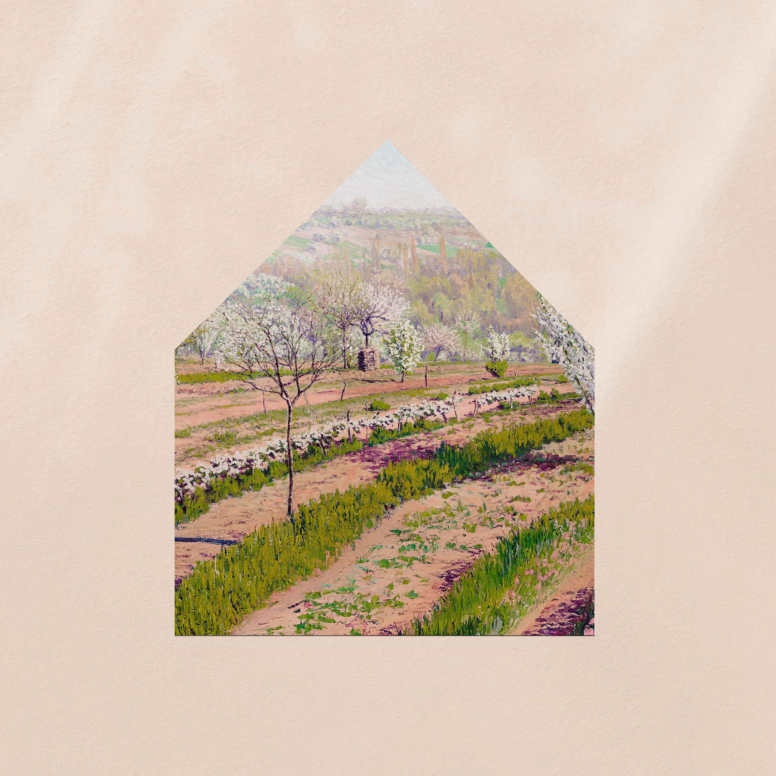 An envelope liner with a printed pink and green landscape painting design