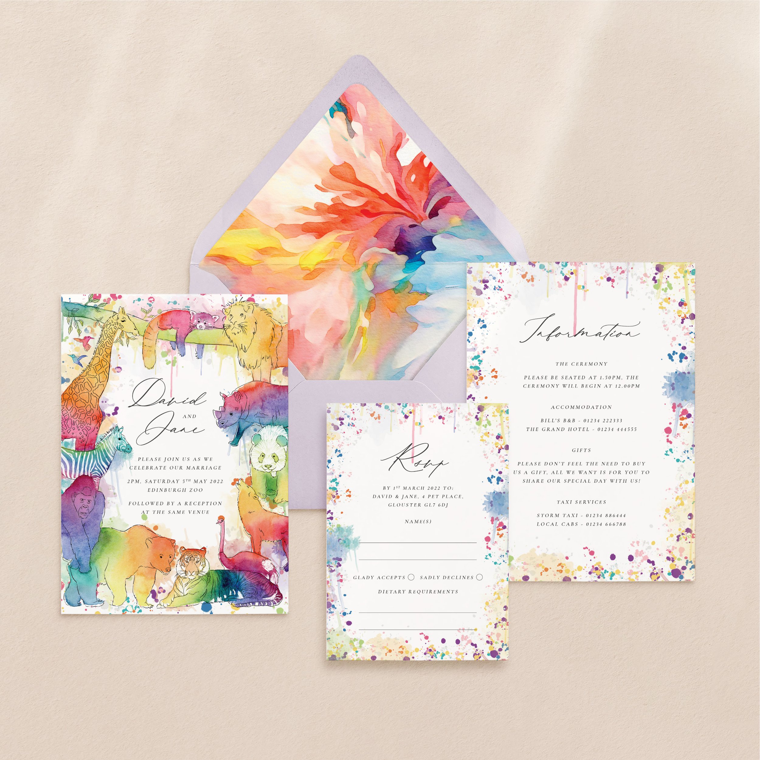 rainbow animal wedding intation, envelope liner, rsvp card and information card