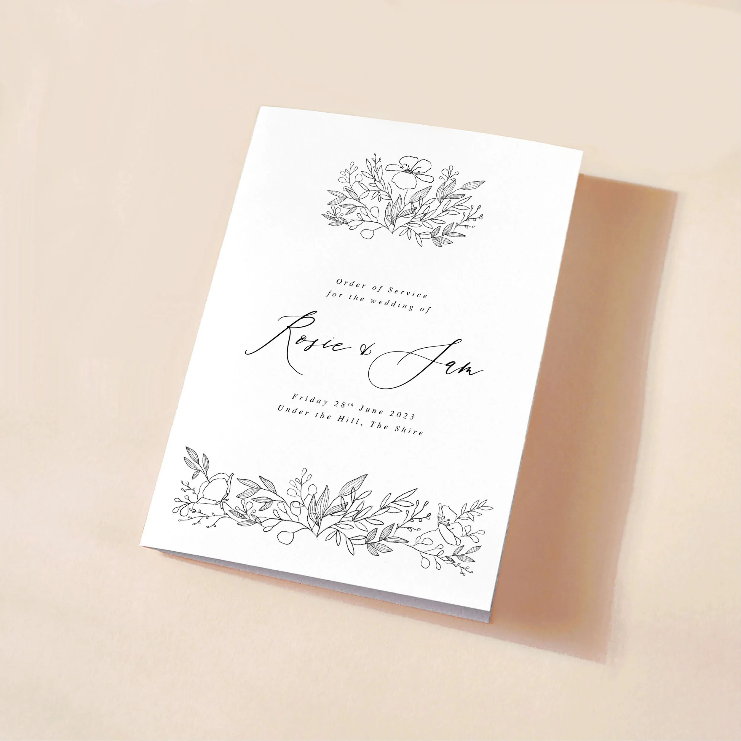 Cover of an order of service booklet with a black floral sketch motif