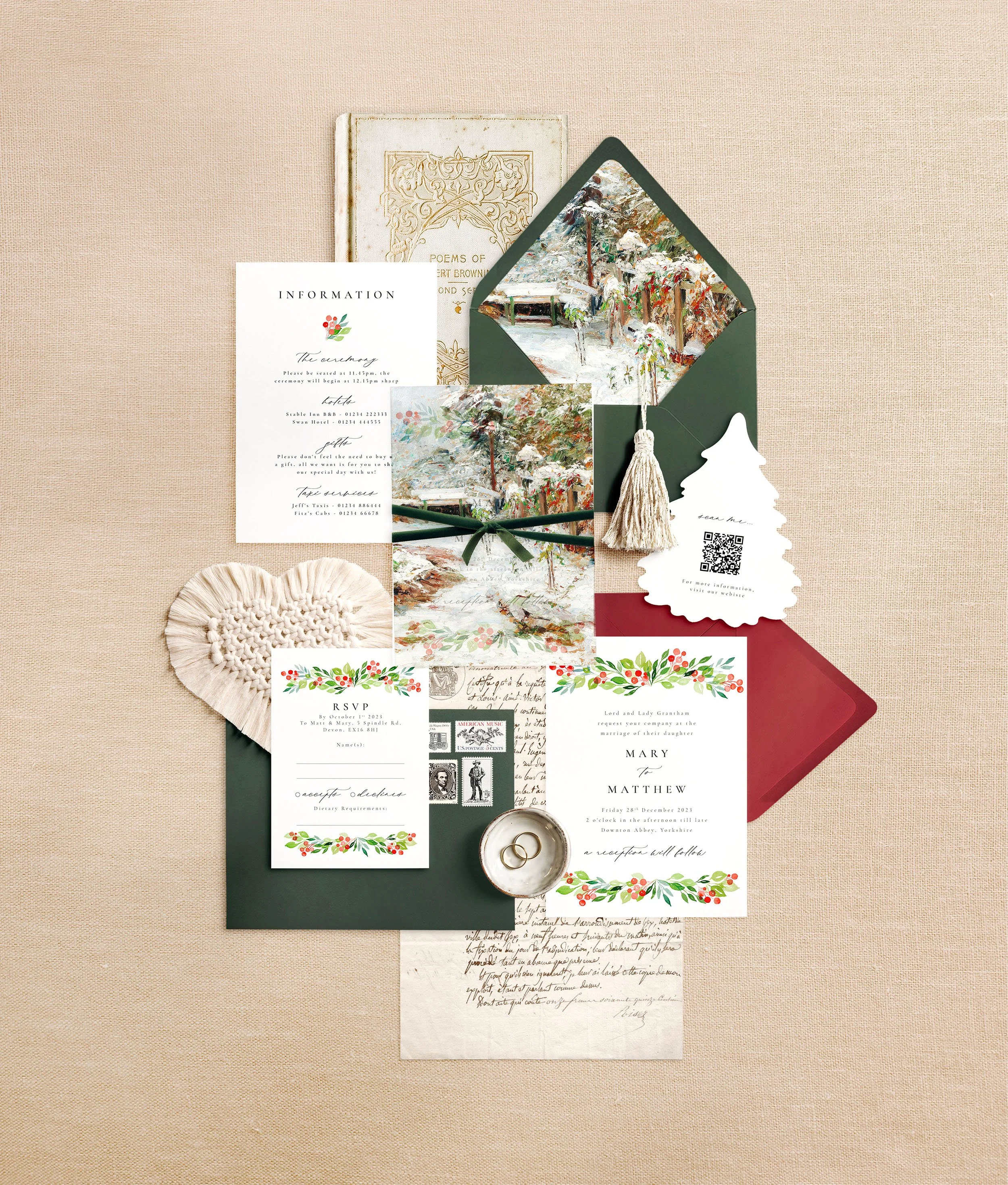 Wedding Invitations, rsvp and Christmas tree shaped details card. Watercolour red berries and green leaves with an oil painted snow scene on the vellum and liner.