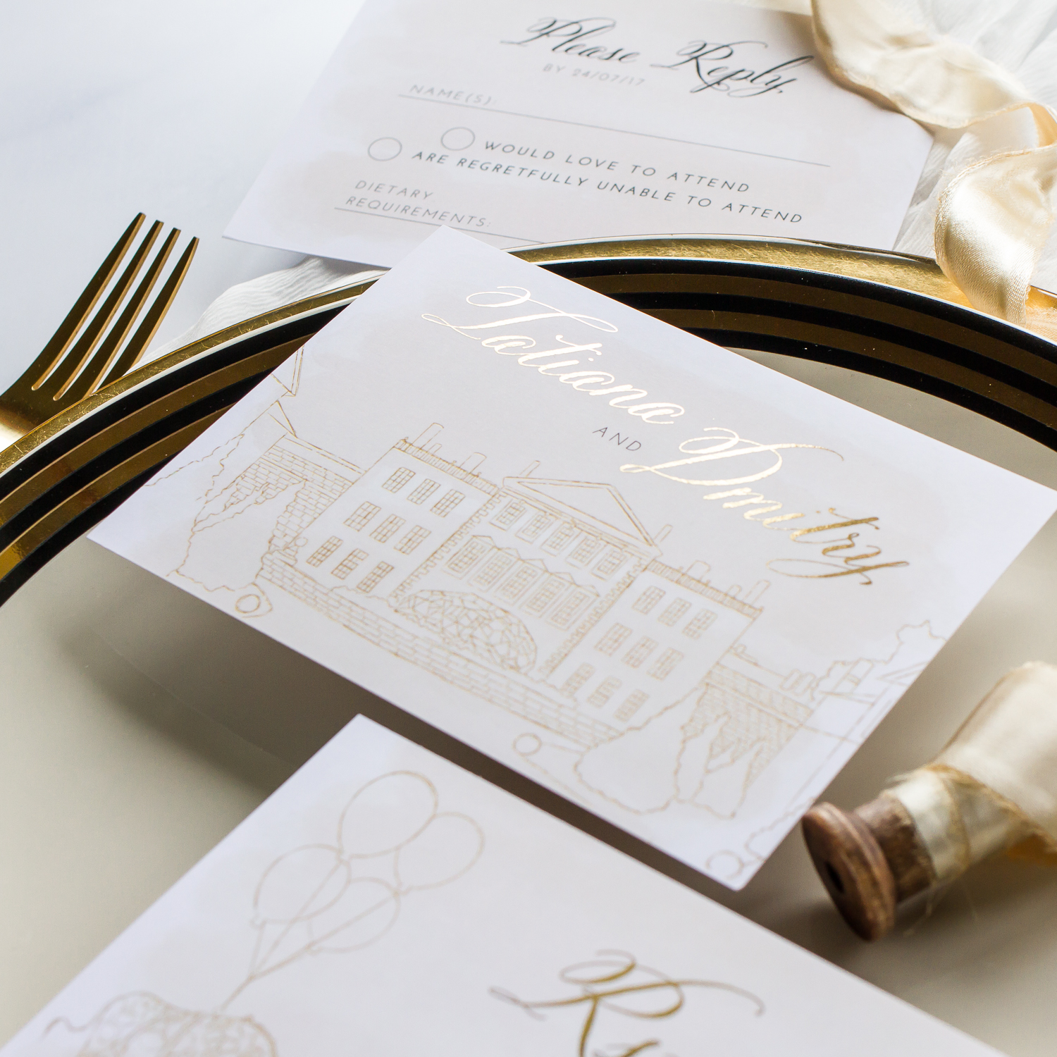 Tatiana & Dmitry Unique Wedding Invitations Hand Illustrated with Gold Foil Details 2 - Pingle Pie.jpg