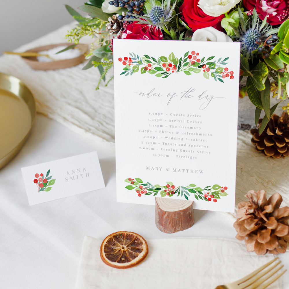 Wintery Order of the Day & Place Card, Winter Greens and Red Berries, Hand Painted Wedding Stationery.jpg