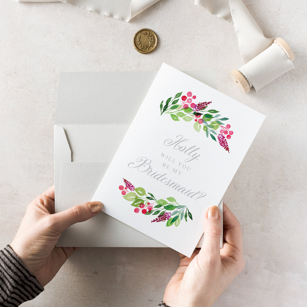 Personalised Wax Seal Bridesmaid Proposal Card, Will You Be My Bridesmaid Card, Say You'll Be My Bridesmaid Card, Card For Bridesmaid, Hand Painted Watercolour Floral Pink  Berries Flatlay - Bridesmaid.jpg