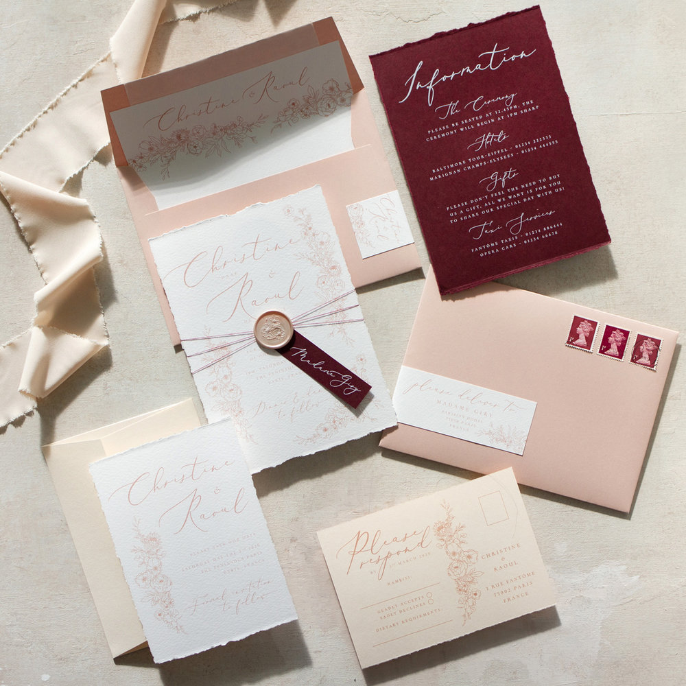 Blush Petals Luxury Fine Art Wedding Stationery with Blush Pink and Burgindy Details with Blush Pink Wax Seal - www.pinglepie.com.jpg